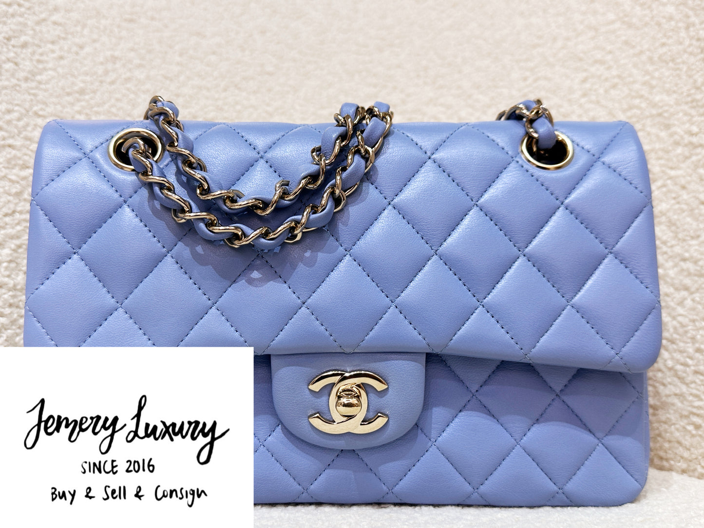 Chanel 21c Small Lambskin Classic Quilted Double Flap Bag Sky Blue GHW 3072 holo card