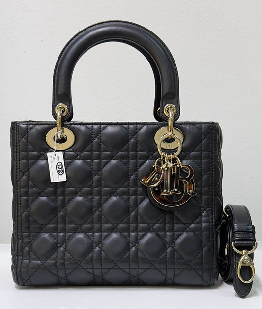 Christian Dior Lambskin Cannage Medium Lady Dior Black Gold Hardware