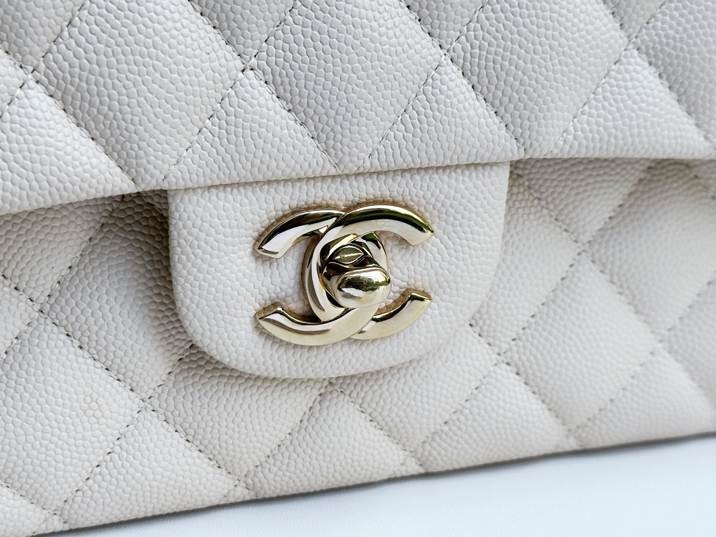 Chanel Medium Caviar Classic Quilted Double Flap Ivory Light Beige Bag LGHW
