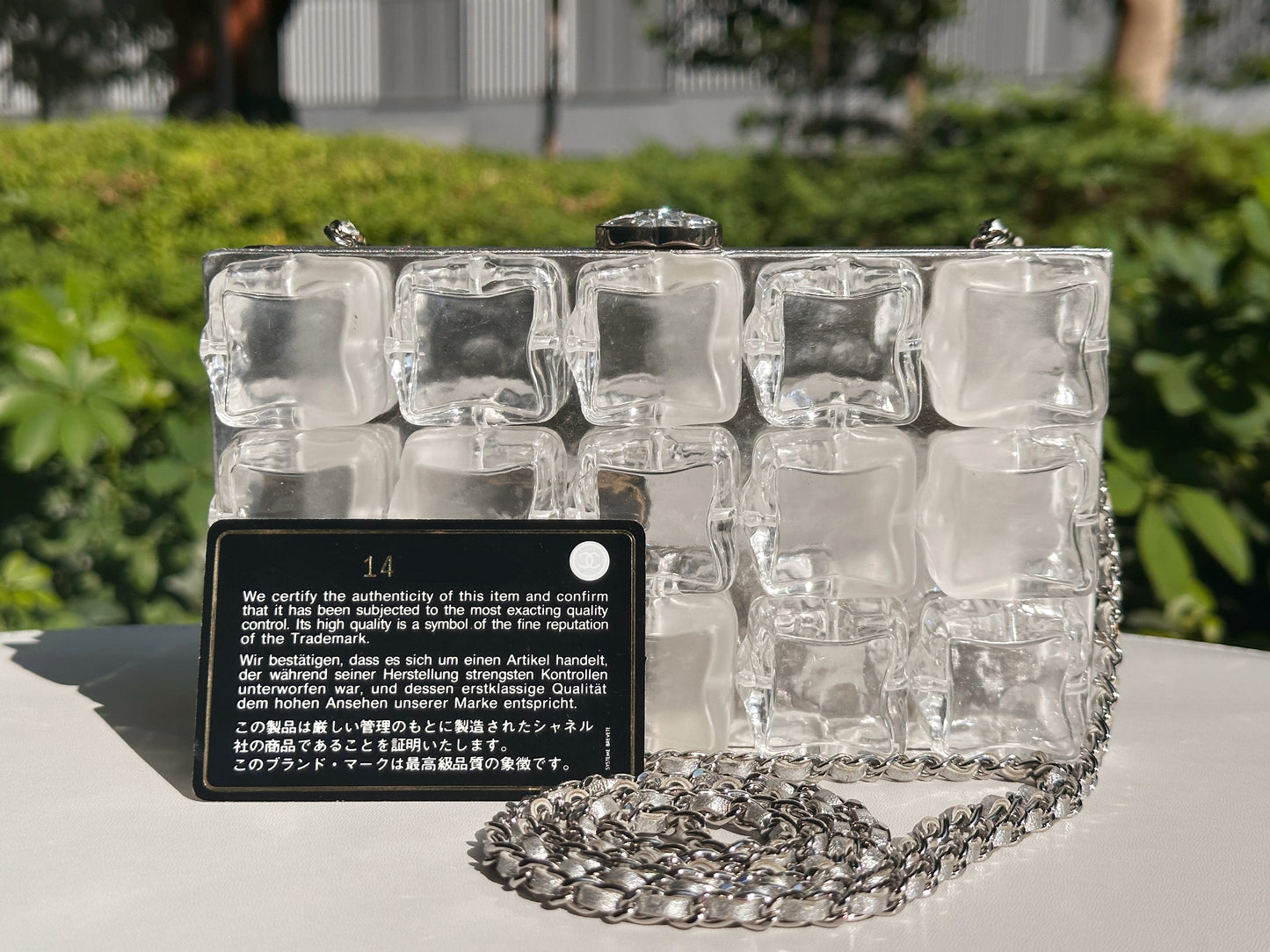 Chanel Silver Metallic Lambskin and Clear Acrylic Ice Cube Bag Silver Hardware 1426 holo card