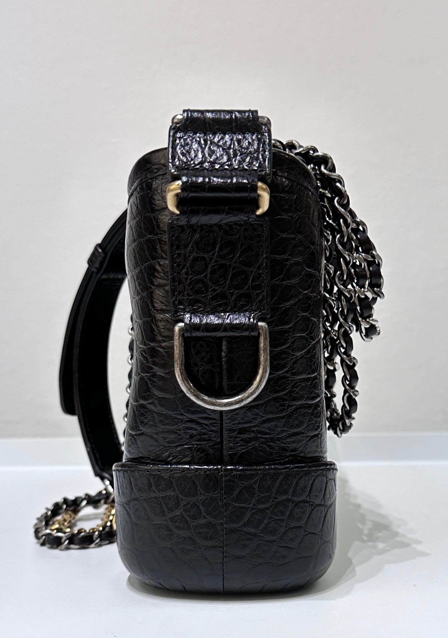 Chanel Small Gabrielle Hobo Bag Crocodile Embossed Calfskin Black