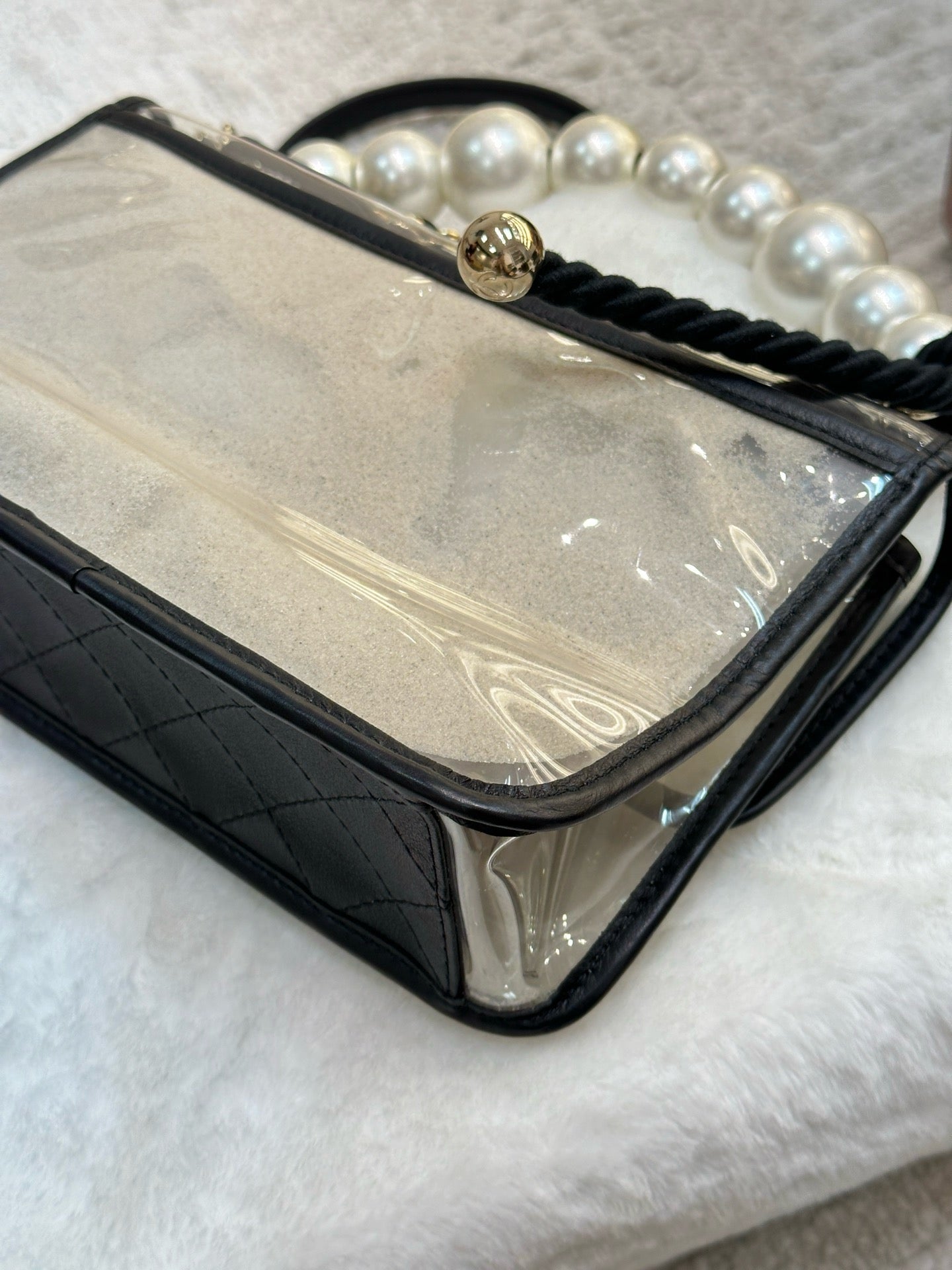 Chanel Medium Lambskin CoCo Sand PVC Sand By The Sea Flap With Pearl Strap Black GHW