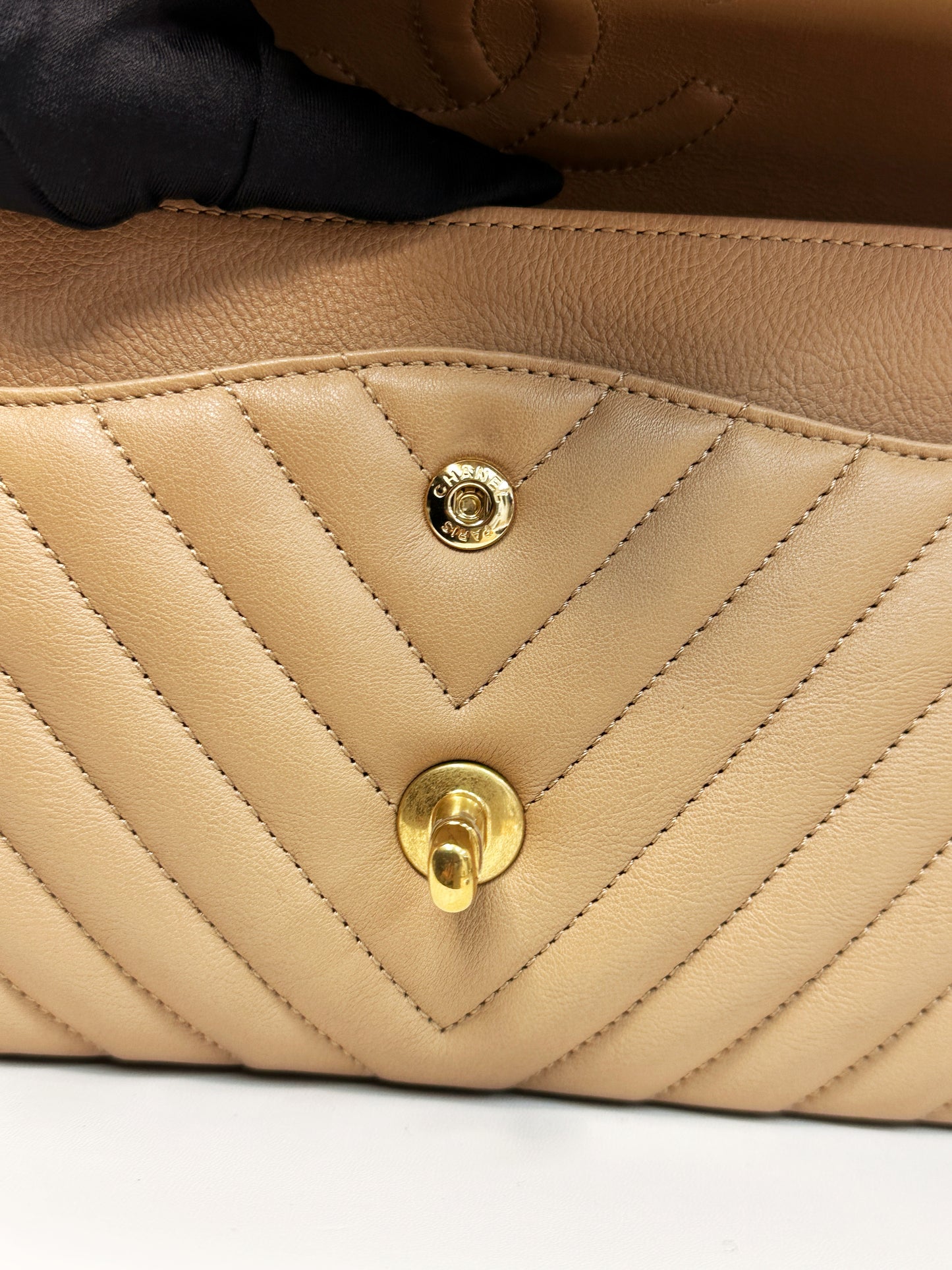 Chanel Calfskin Chevron Quilted Medium Double Flap Beige 2383 holo card
