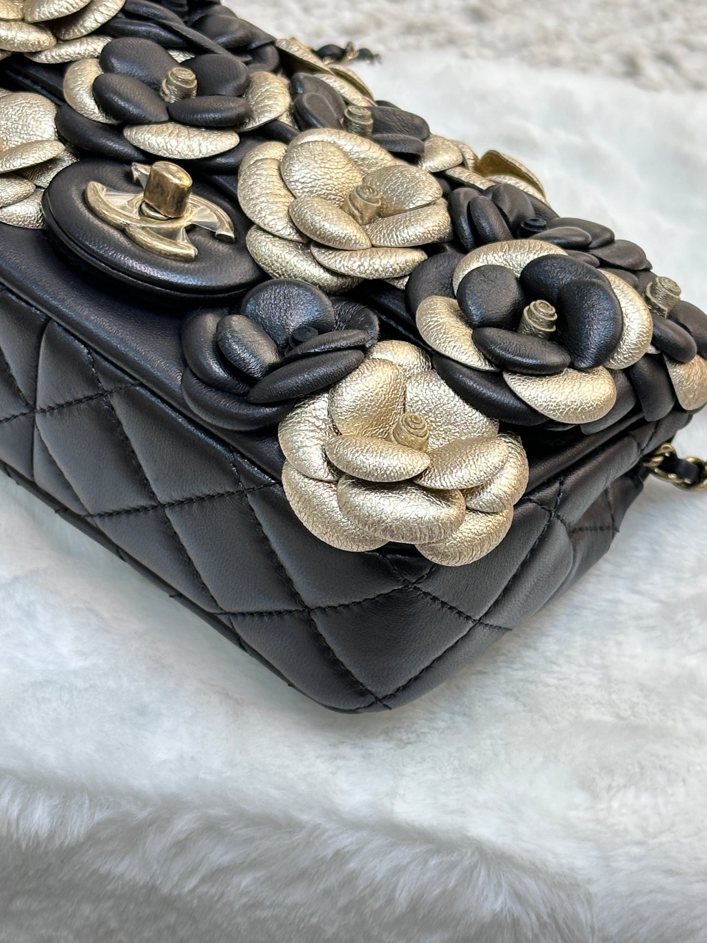 Chanel Mini Metallic Lambskin Quilted Camellia Flap  Bag Black Gold