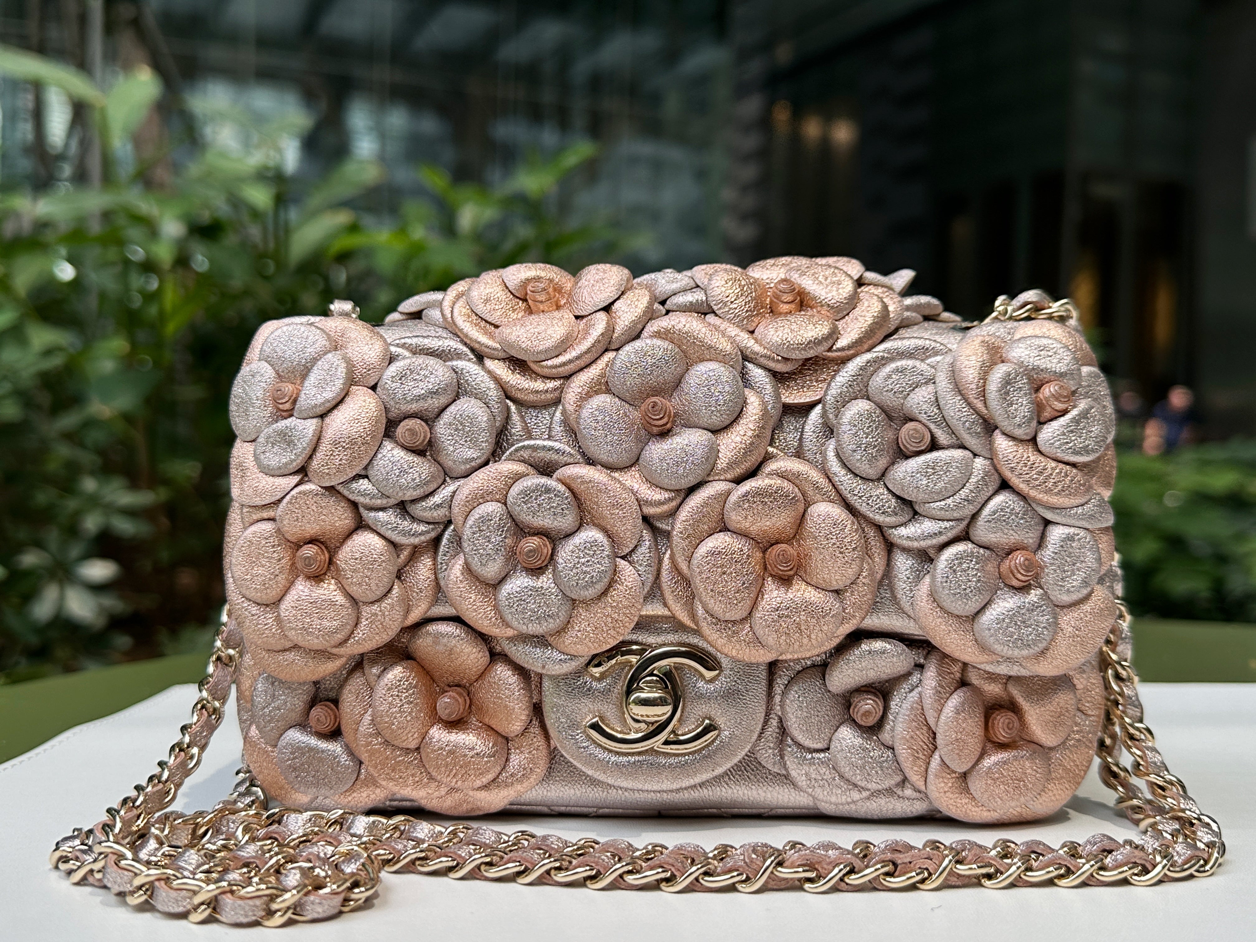 Chanel Camellia Mini Metallic Rose Gold/Pink Lambskin Gold Hardware 2078 holo card