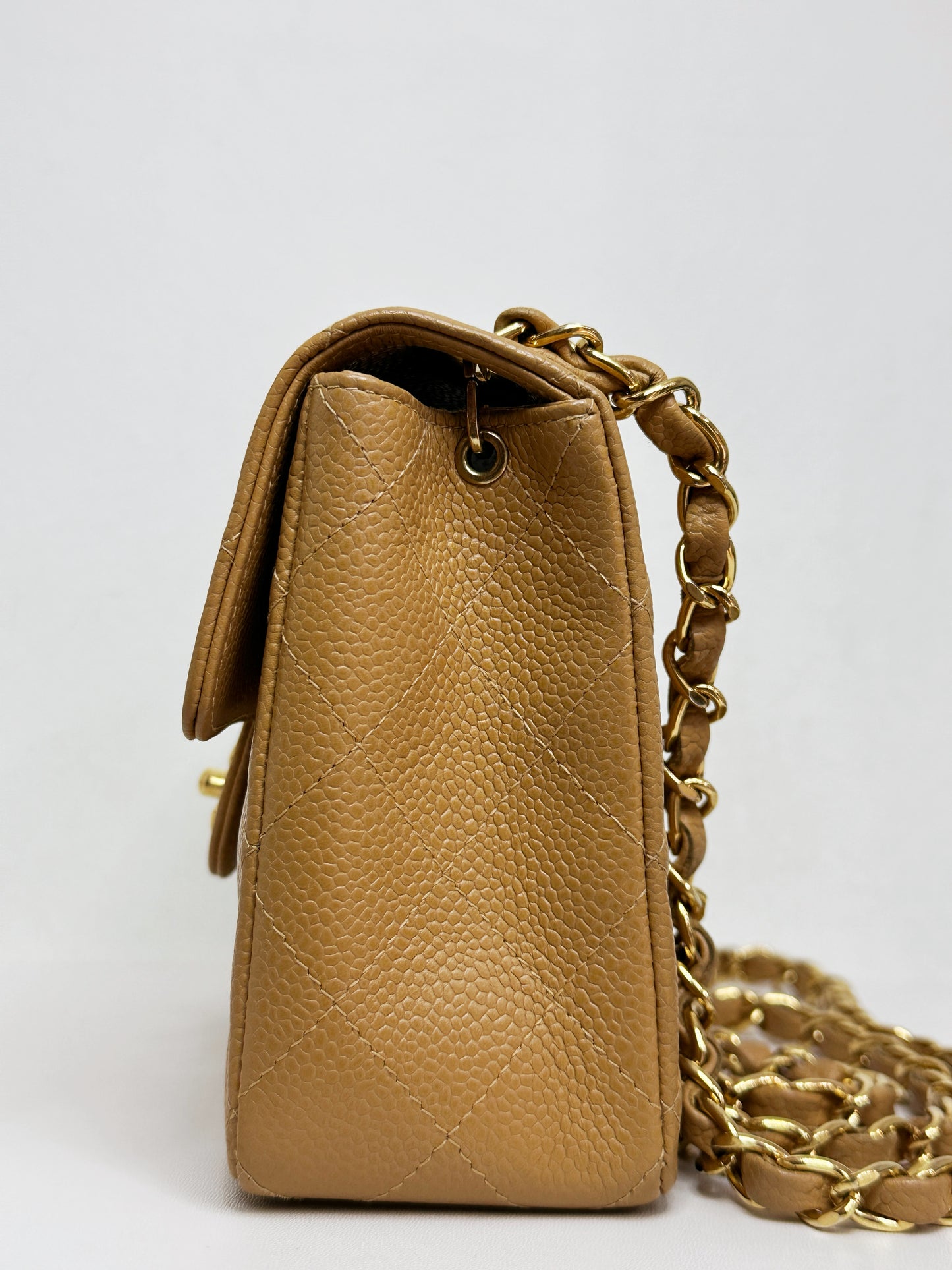 Chanel 24K Gold Mini Square Caviar Classic Flap Chain Shoulder Bag Beige GHW 84 holo card