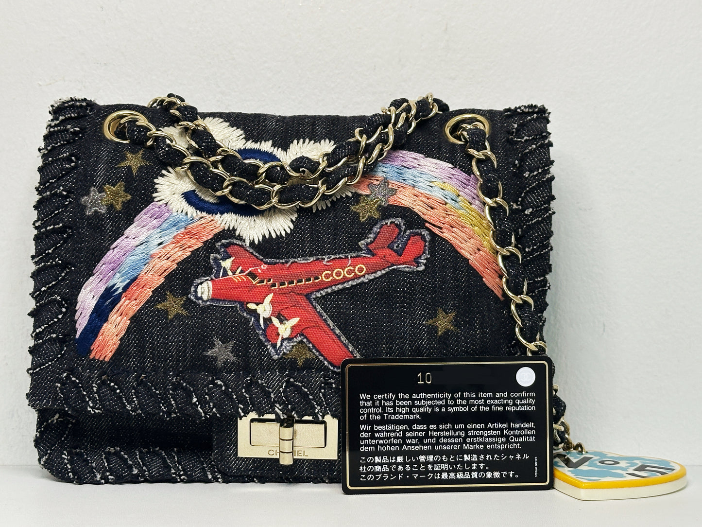 Chanel Black Denim 2.55 Night Flight Mademoiselle Flap bag 1074 holo card