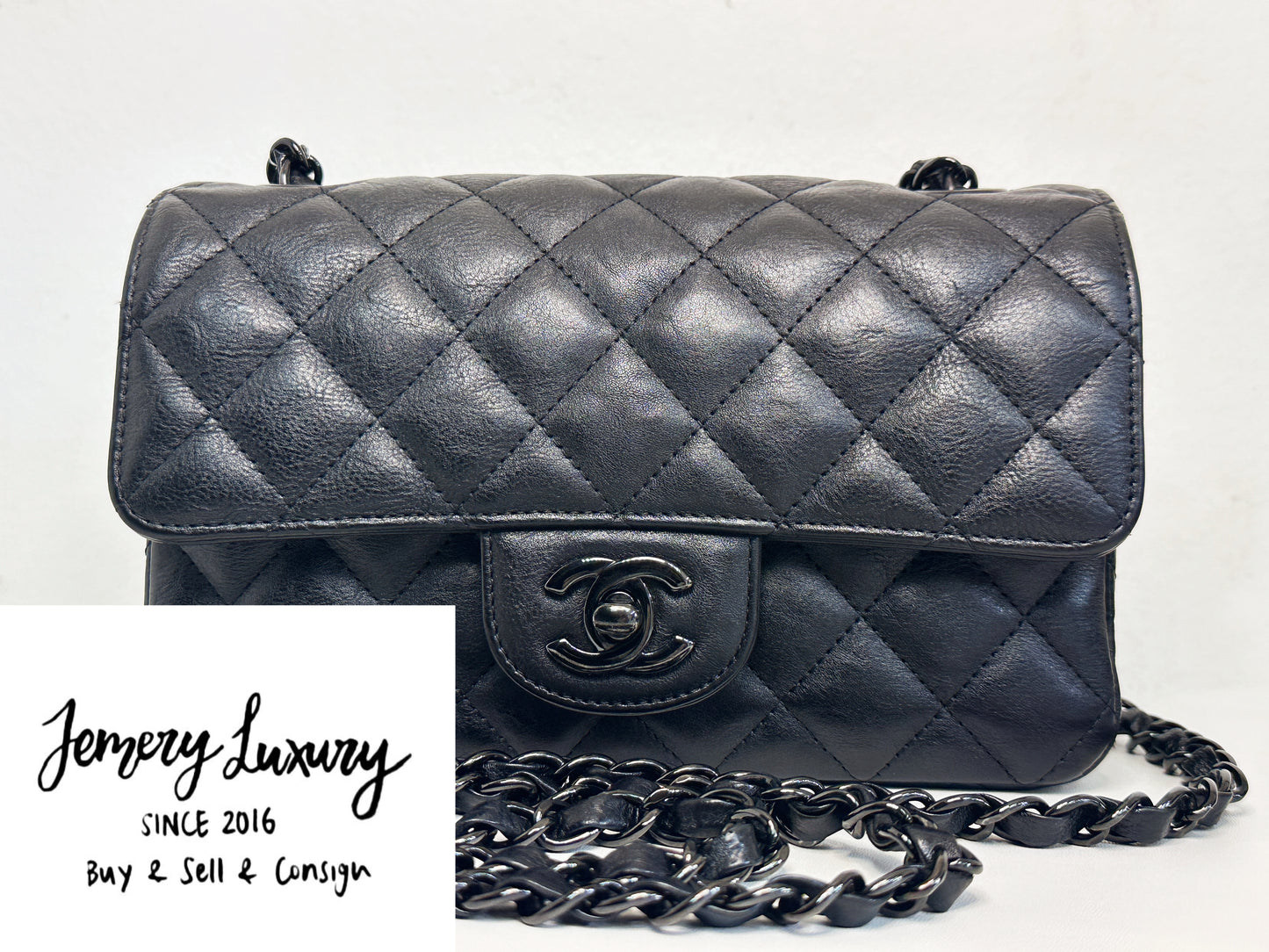 Chanel Quilted Mini Rectangular Flap So Black Crumpled Calfskin Bag 2400 holo card