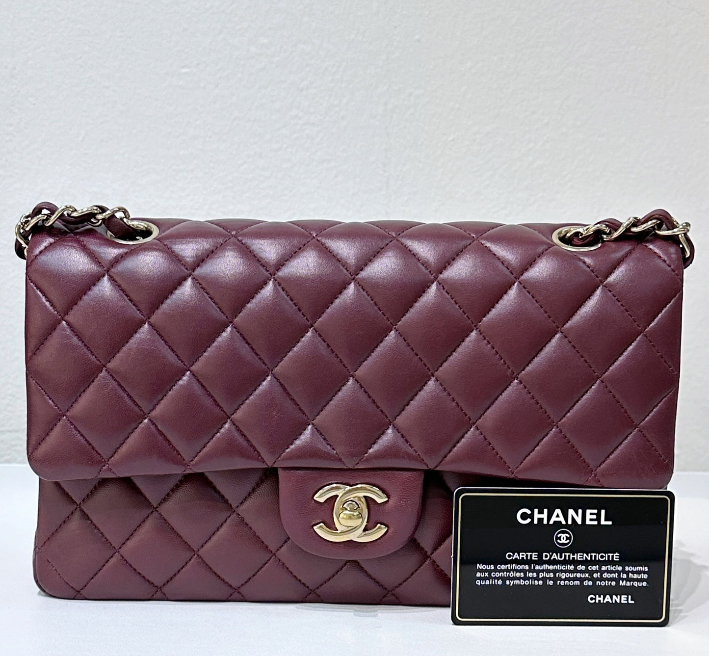 CHANEL Lambskin Quilted Medium Double Flap Burgundy