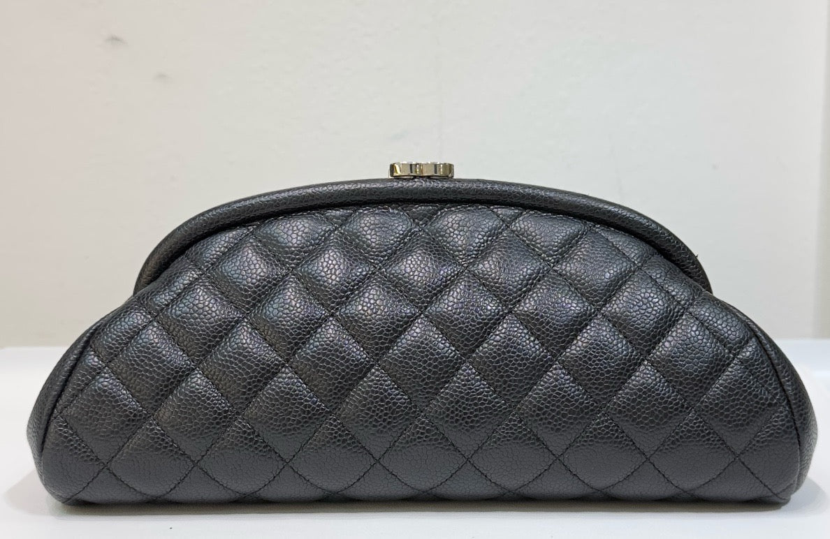 Chanel Quilted Timeless Kisslock Clutch Black Caviar SHW 1890 holo