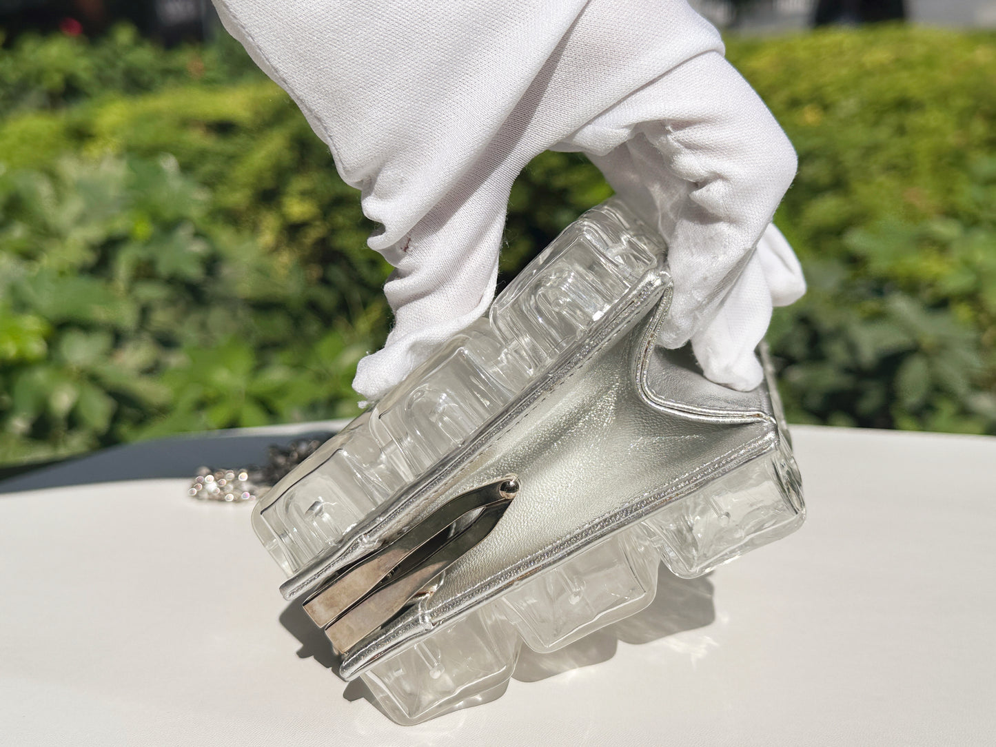 Chanel Silver Metallic Lambskin and Clear Acrylic Ice Cube Bag Silver Hardware 1426 holo card