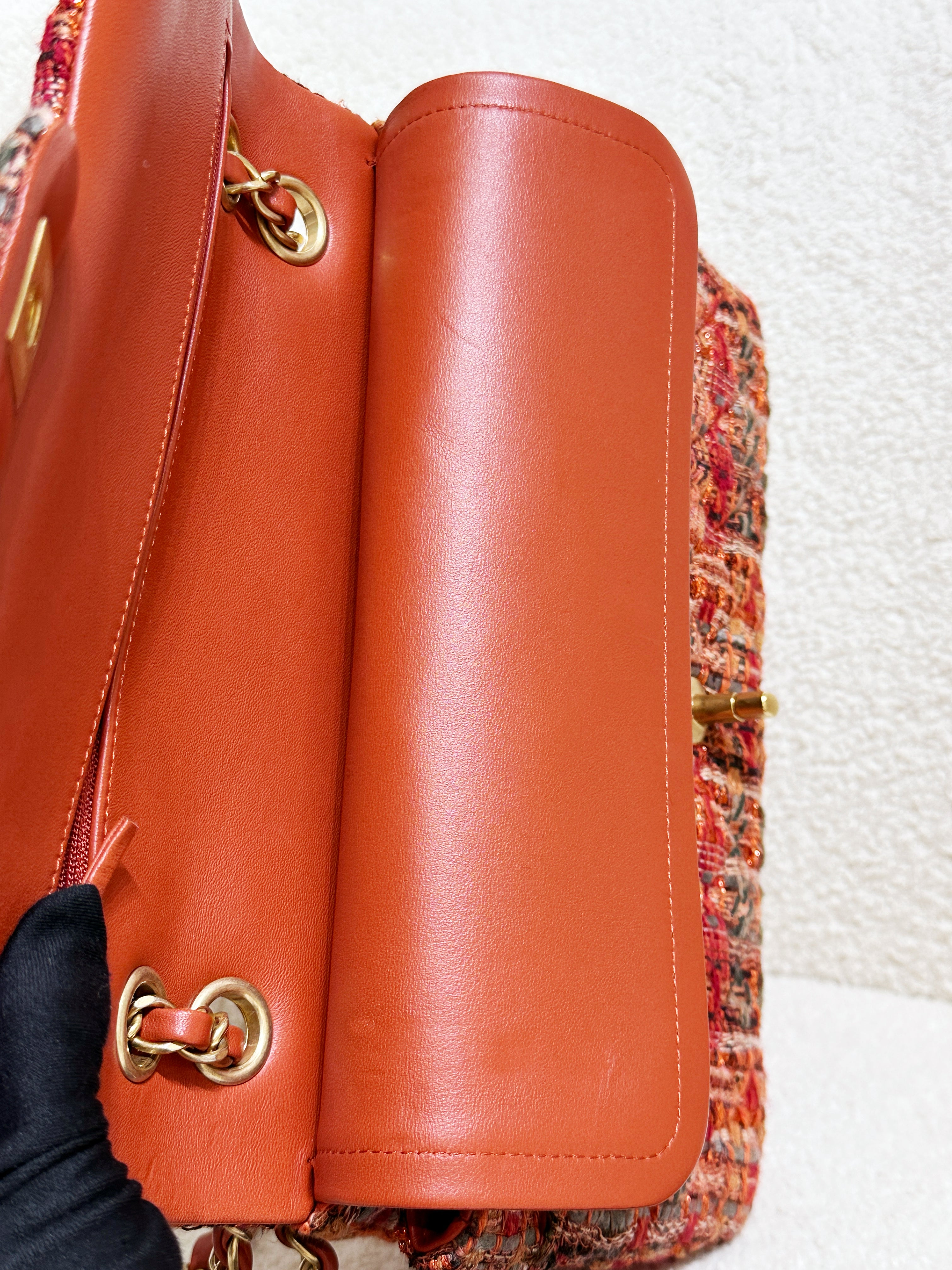 Chanel Tweed Quilted Medium Double Flap Bag Orange Multicolor K9J2 microchip