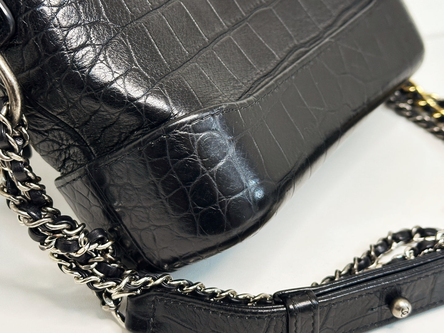 Chanel Small Gabrielle Hobo Bag Crocodile Embossed Calfskin Black 2822 holo card