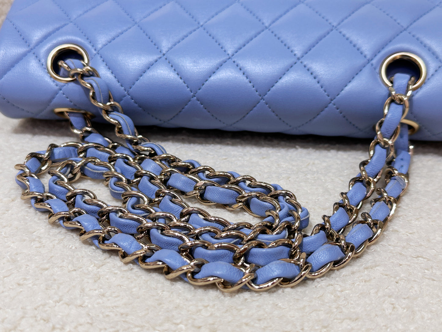 Chanel 21c Small Lambskin Classic Quilted Double Flap Bag Sky Blue GHW 3072 holo card