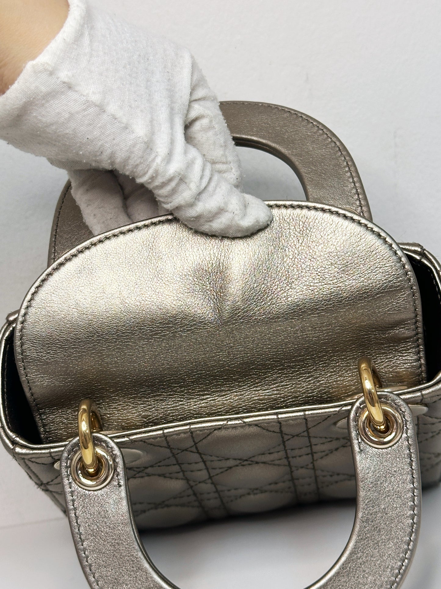 CHRISTIAN DIOR LADY MINI CALFSKIN CANNAGE BRONZE METALLIC GOLDEN HARDWARE CHAIN STRAP