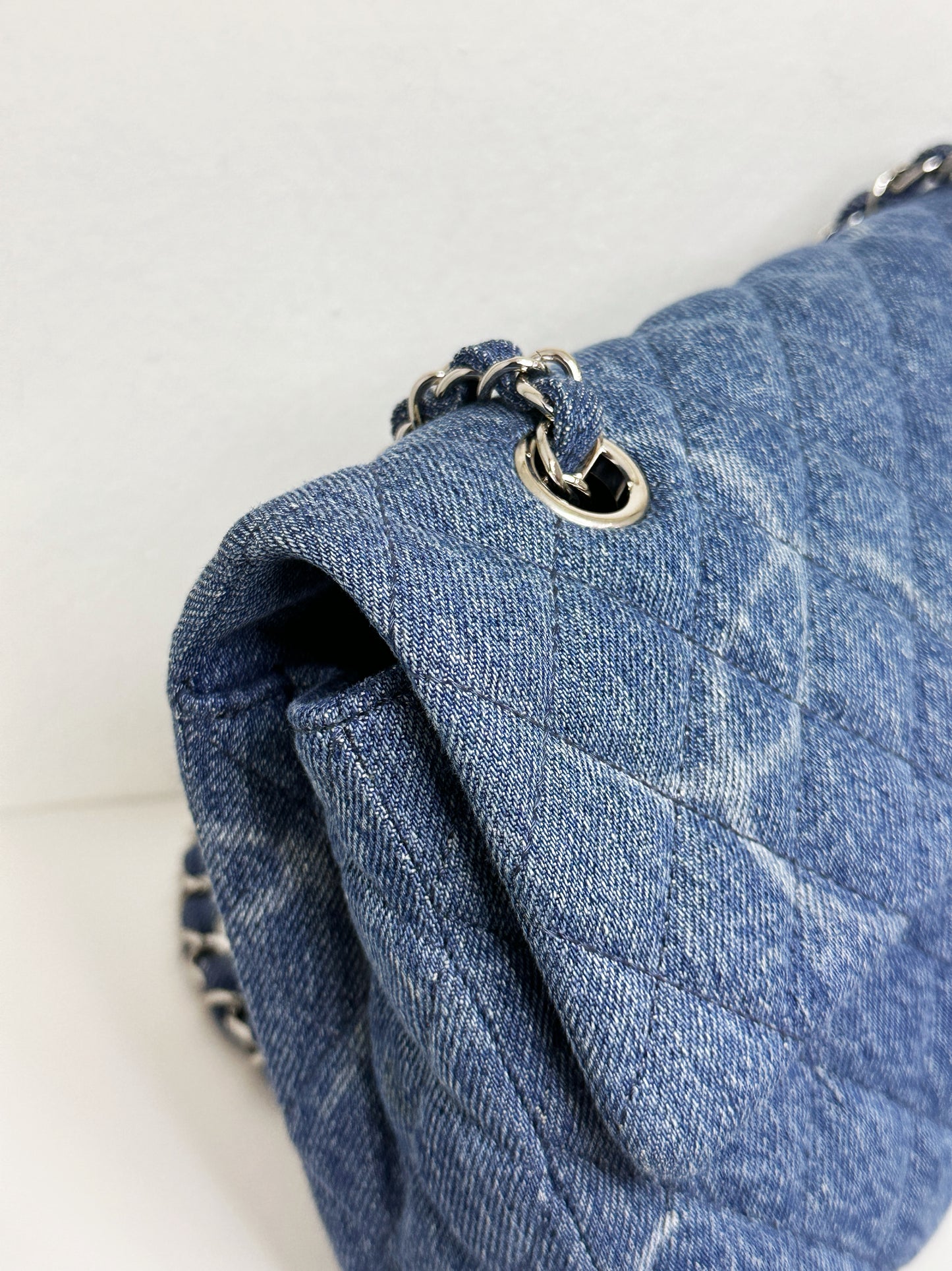 Chanel 20B Medium Blue Denim Quilted CC Single Flap SHW 3045 holo card