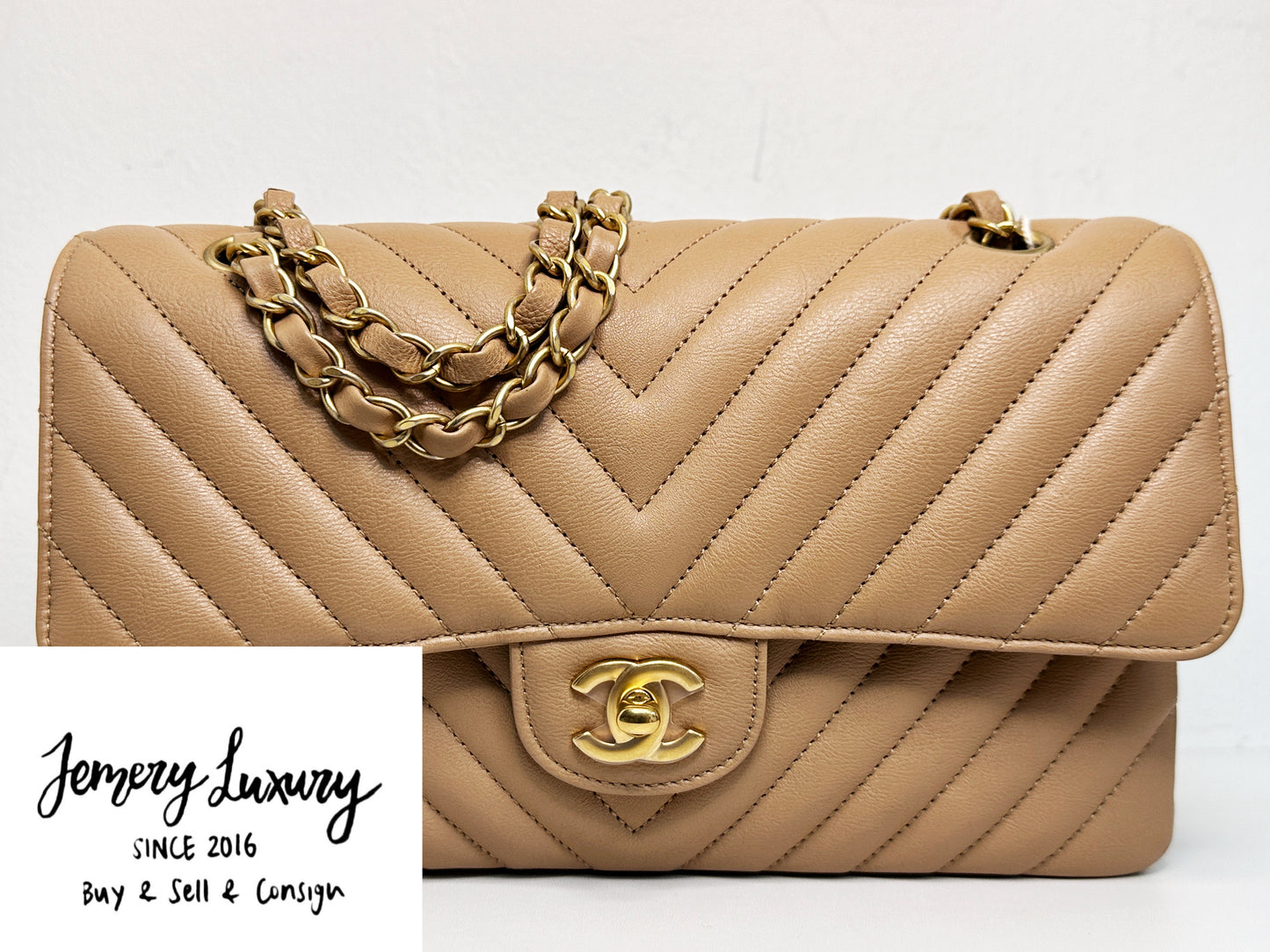 Chanel Calfskin Chevron Quilted Medium Double Flap Beige 2383 holo card