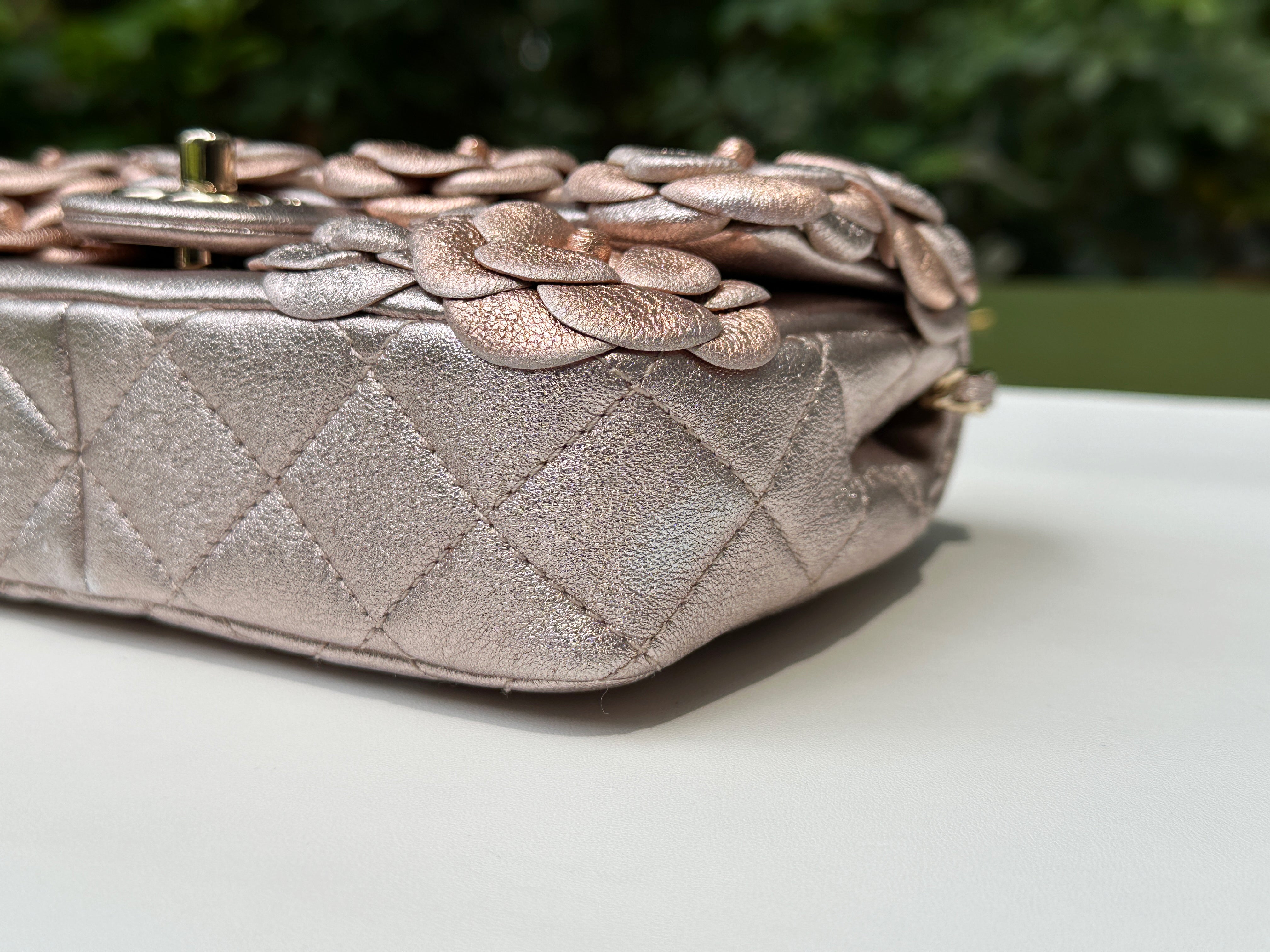 Chanel Camellia Mini Metallic Rose Gold/Pink Lambskin Gold Hardware 2078 holo card