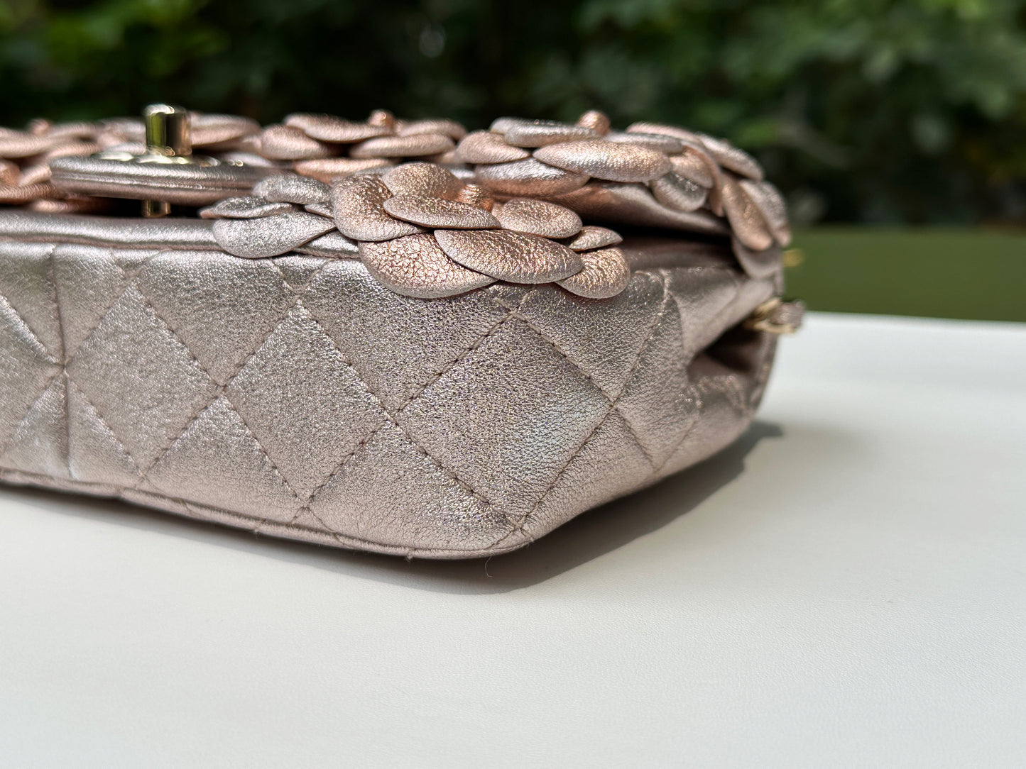 Chanel Camellia Mini Metallic Rose Gold/Pink Lambskin Gold Hardware 2078 holo card