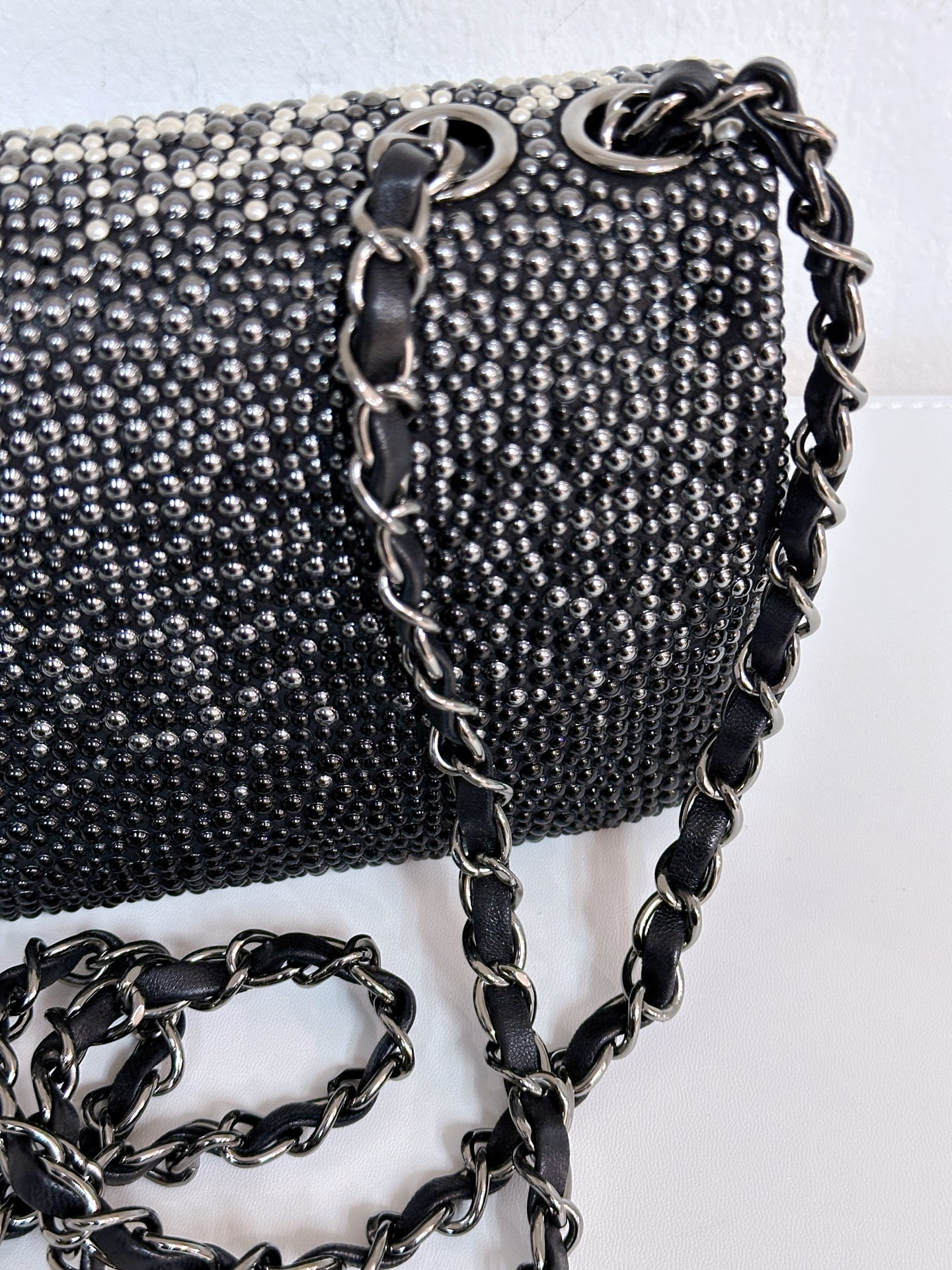 White, Grey and Black Imitation Pearls and Beads and Calfskin Embellished CC MiniClassic Single Flap Ruthenium Hardware, 2014