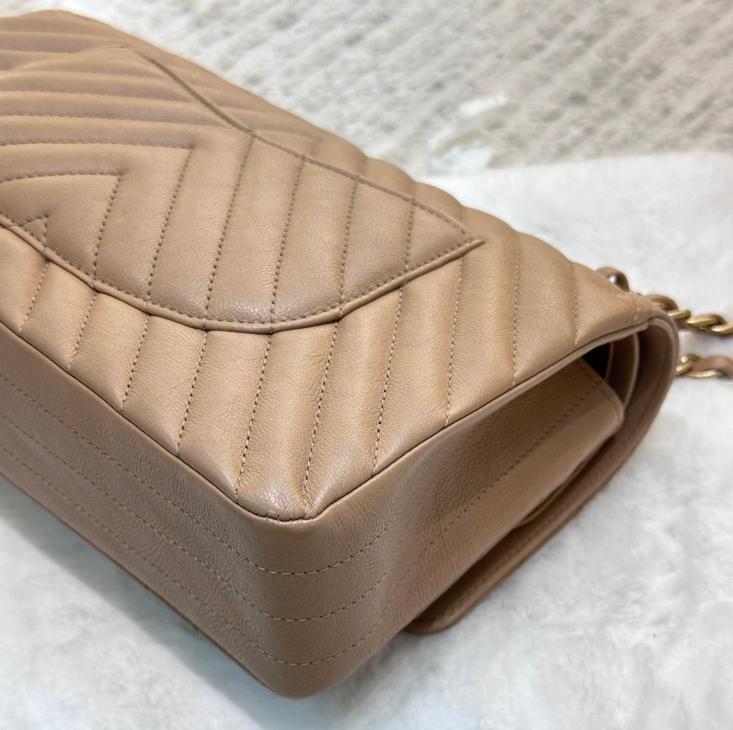 Chanel Classic Medium Beige Chevron Calfskin with Gold Hardware