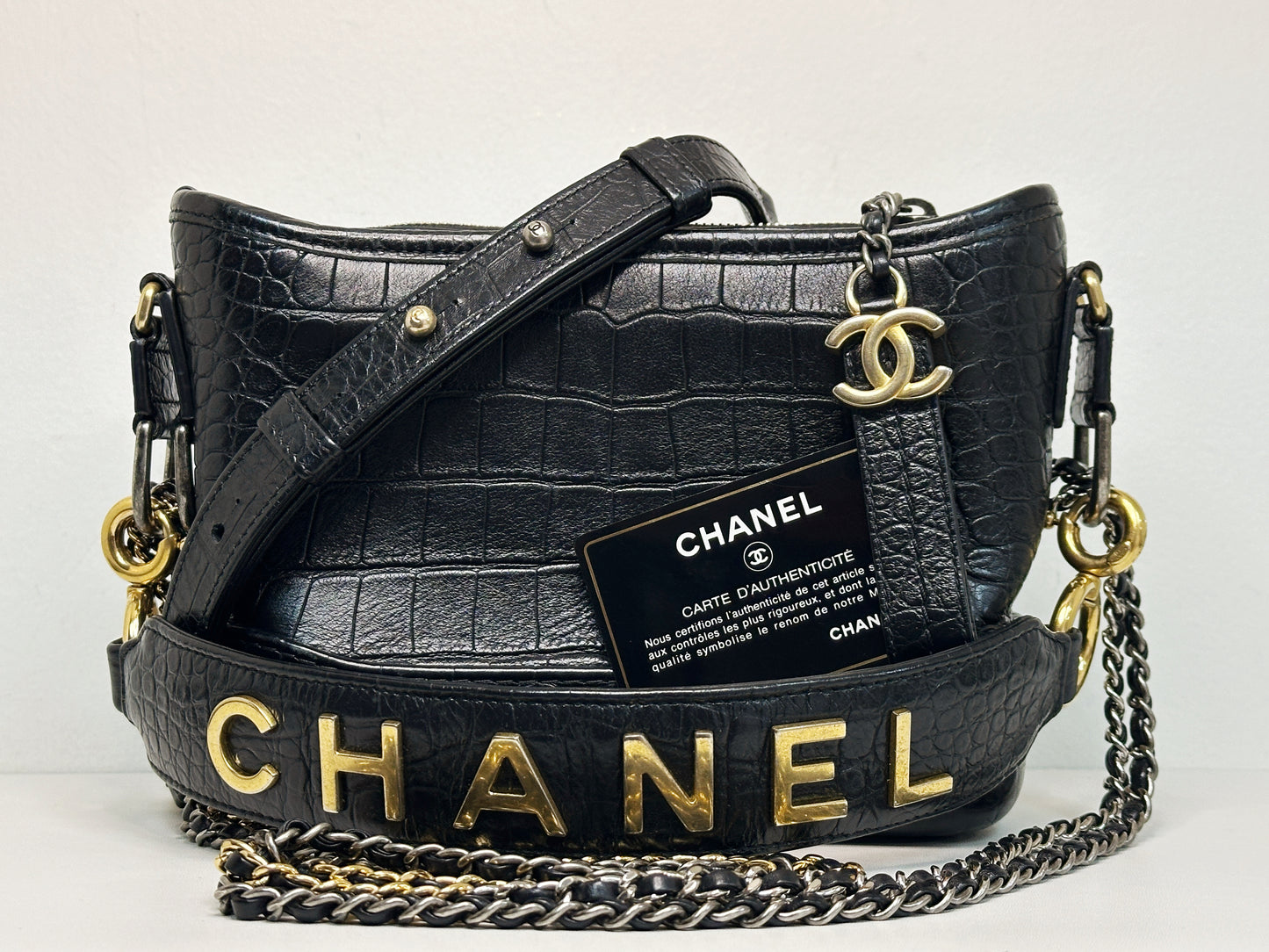 Chanel Small Gabrielle Hobo Bag Crocodile Embossed Calfskin Black 2822 holo card