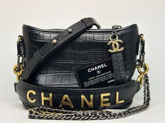 Chanel Small Gabrielle Hobo Bag Crocodile Embossed Calfskin Black 2822 holo card