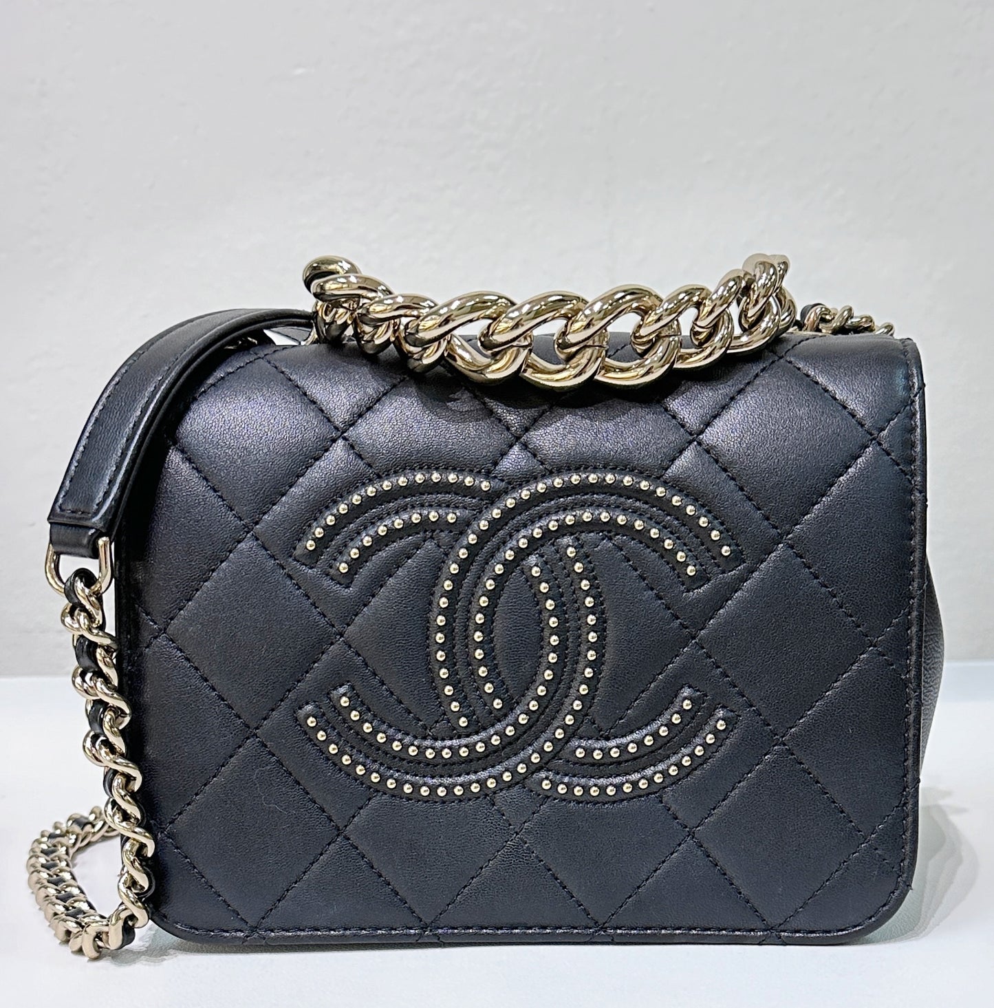 CHANEL Lambskin Quilted Studded Beauty Begins Flap Black