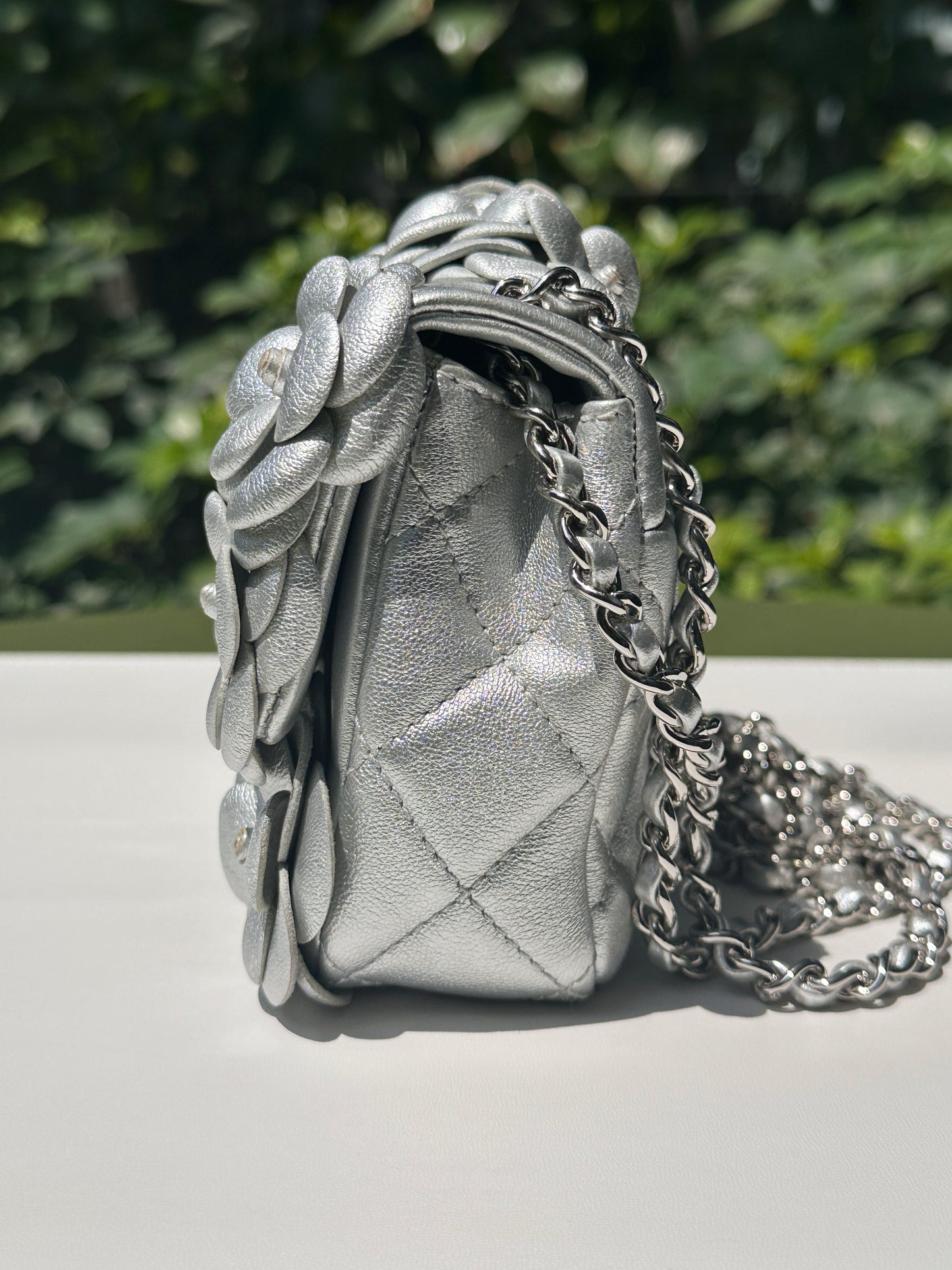 Chanel Mini Camellia Lambskin Shiny Silver SHW 2245 holo