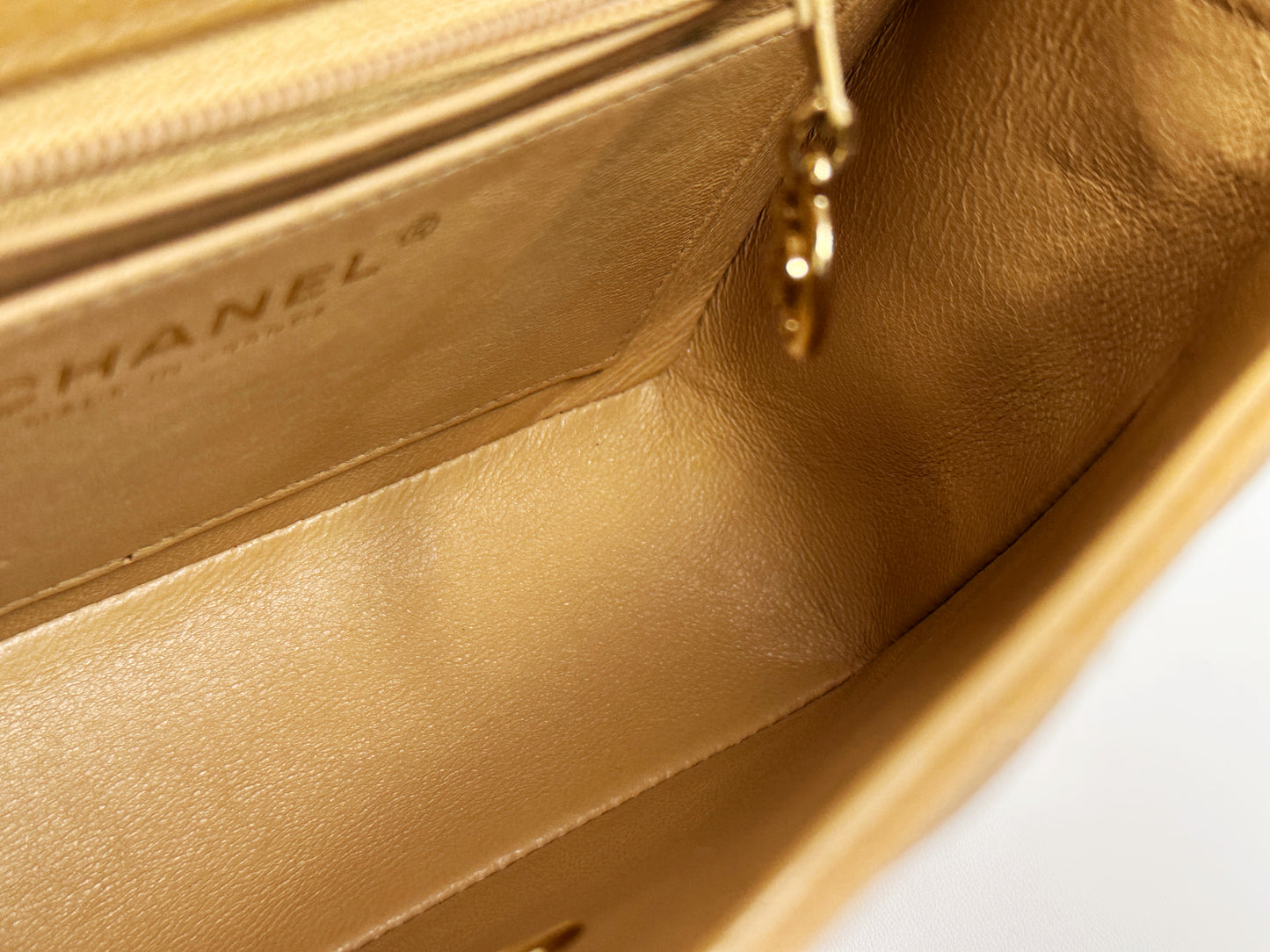 Chanel 24K Gold Mini Square Caviar Classic Flap Chain Shoulder Bag Beige GHW 84 holo card