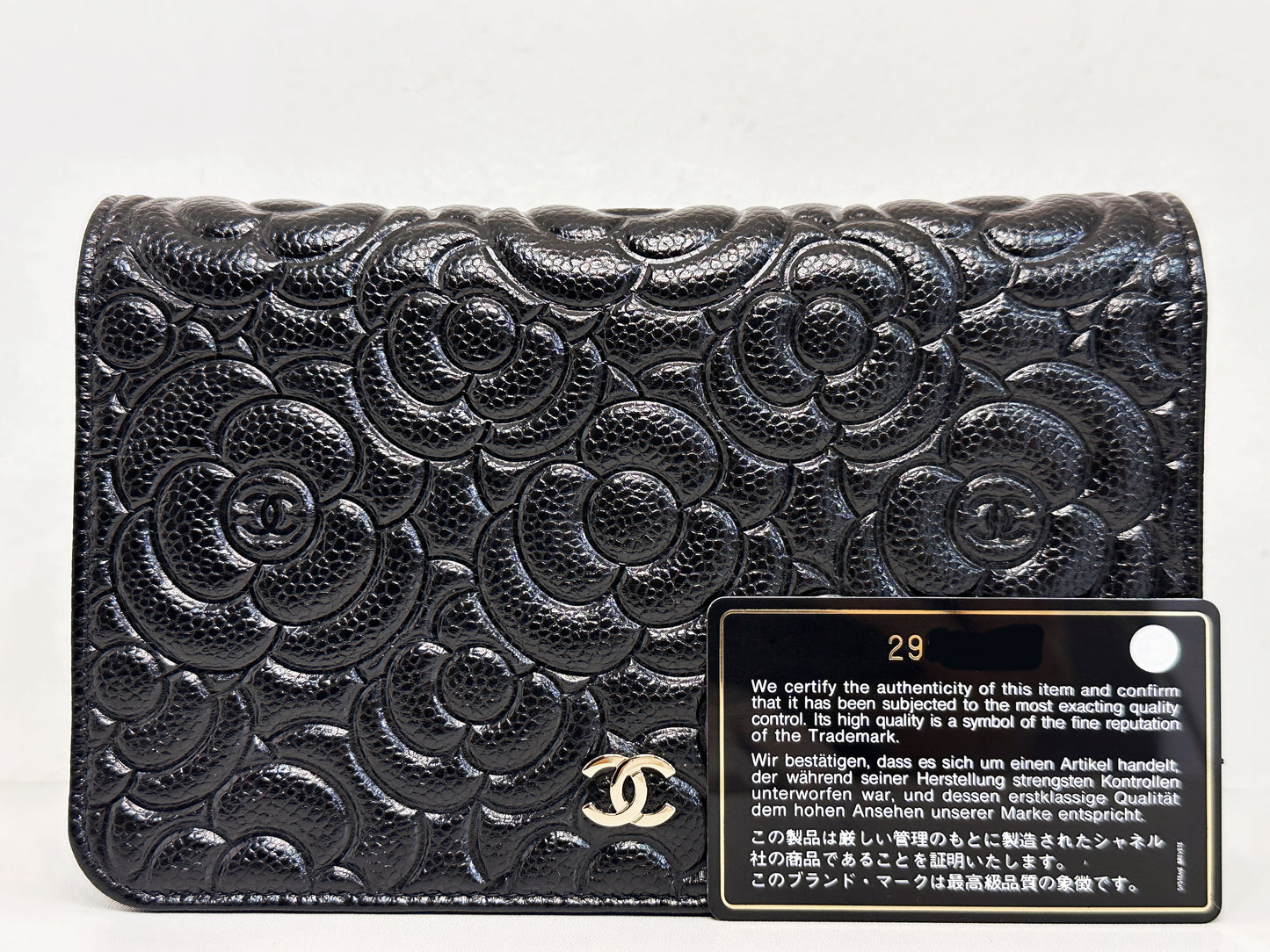 Chanel Black Caviar Camellia Embossed Wallet on Chain WOC Crossbody/ Clutch Bag 2951 holo card