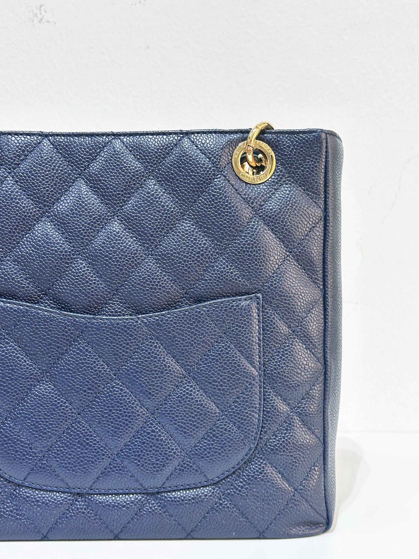 Chanel Caviar Quilted Petit Shopping Tote PST Navy Blue 1898 holo card