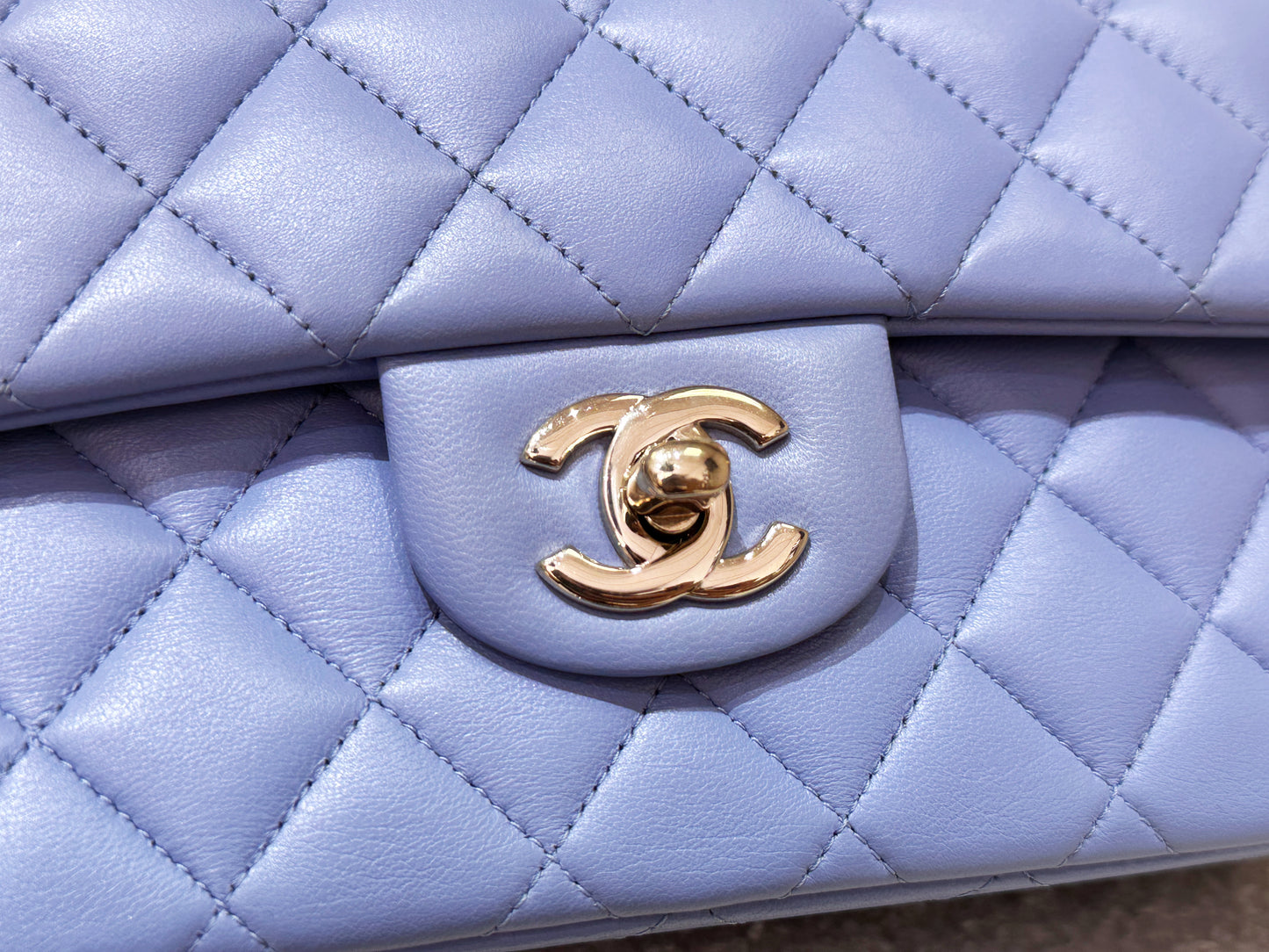 Chanel 21c Small Lambskin Classic Quilted Double Flap Bag Sky Blue GHW 3072 holo card