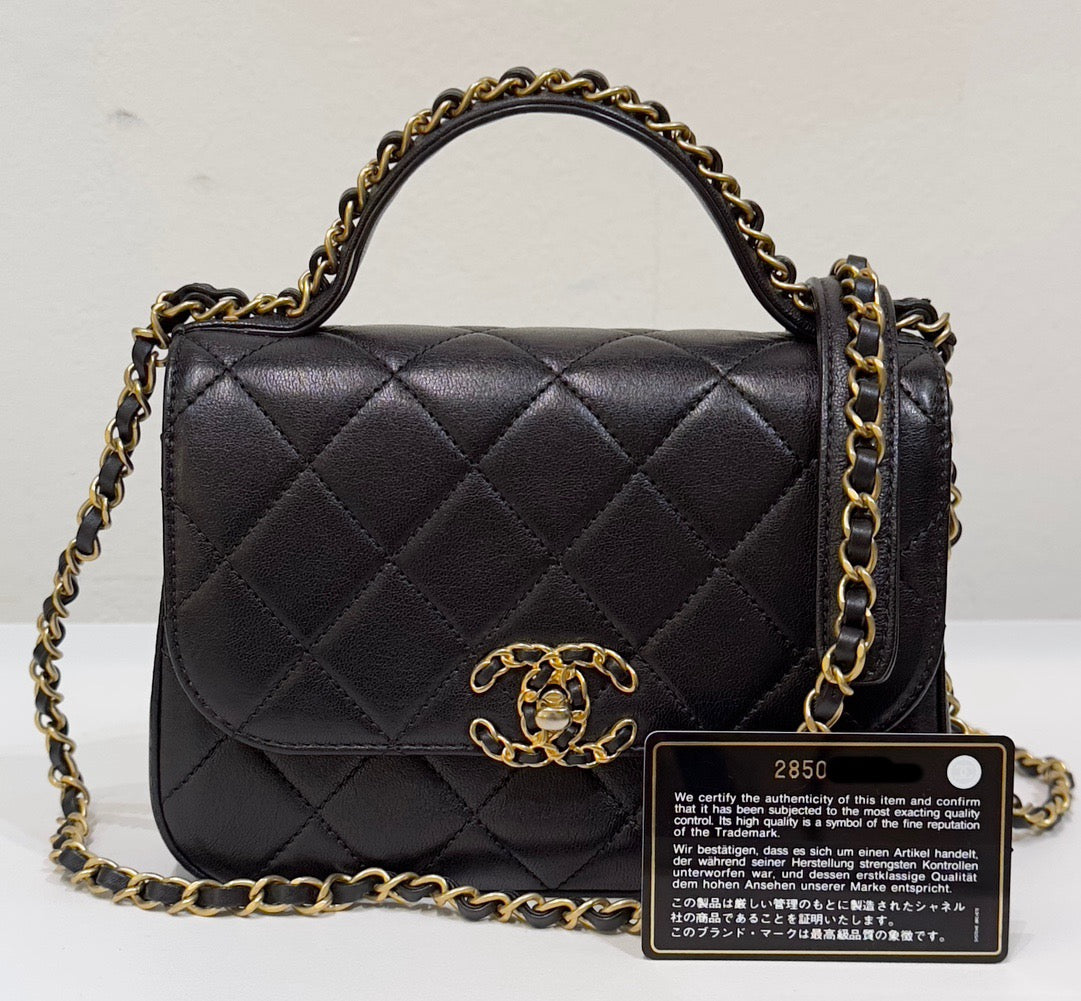 Chanel Small Lambskin Quilted Chain Infinity Top Handle Flap Black GHW