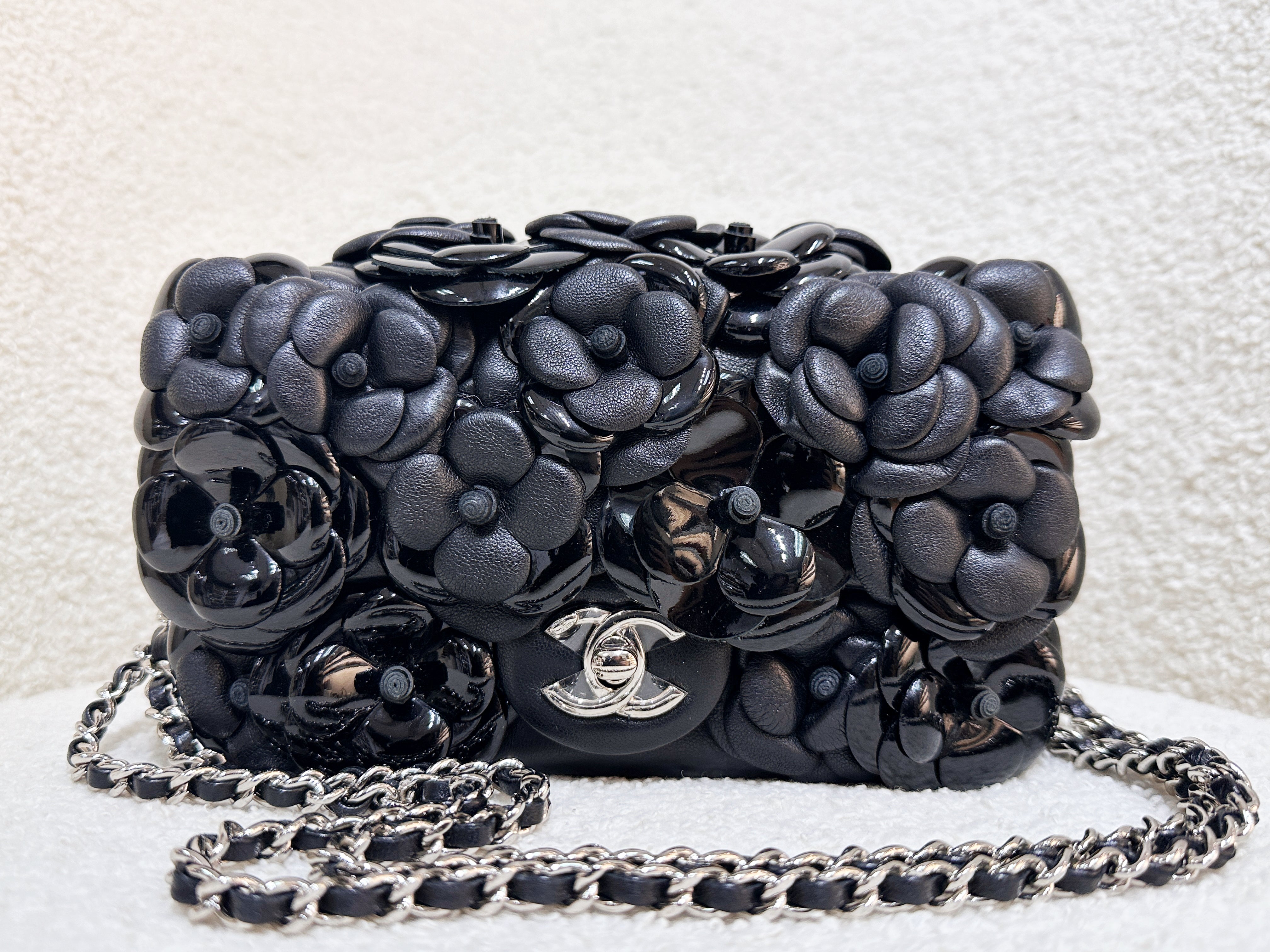 Chanel Mini Rectangular Camellia Flap Bag Black Lambskin and Patent Silver Hardware