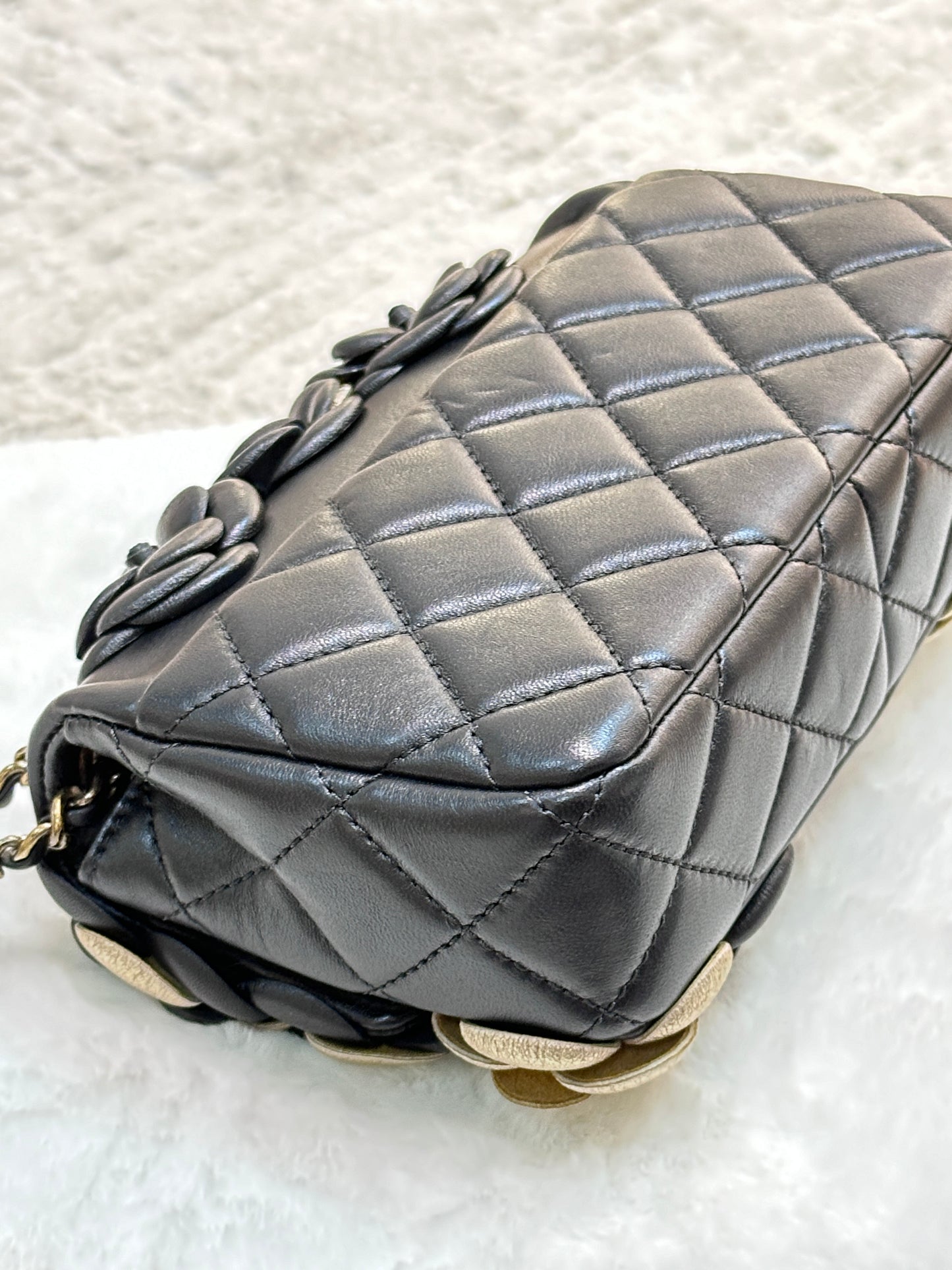 Chanel Mini Metallic Lambskin Quilted Camellia Flap  Bag Black Gold