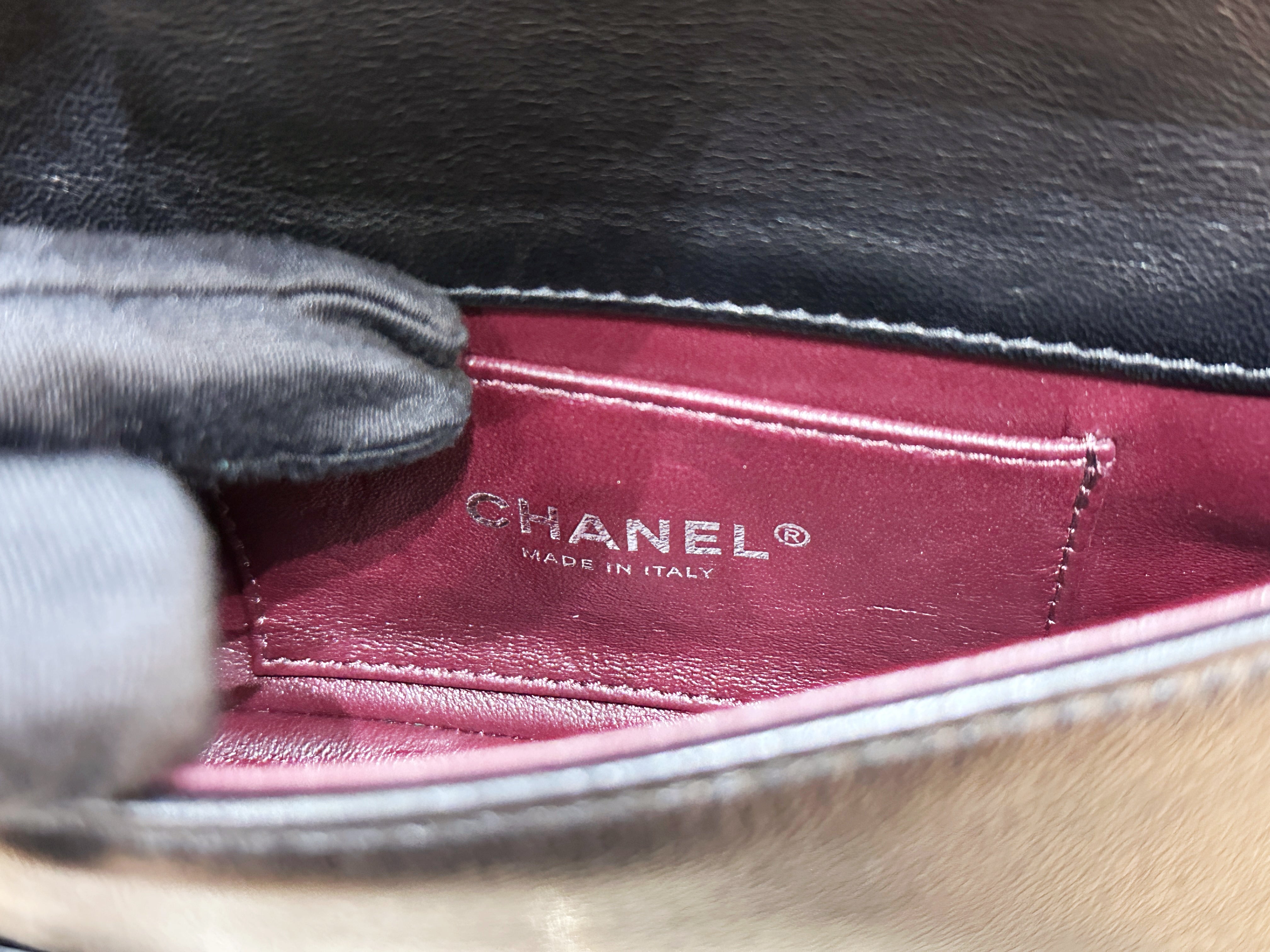 Chanel Mini Rectangular Camellia Flap Bag Black Lambskin and Patent Silver Hardware