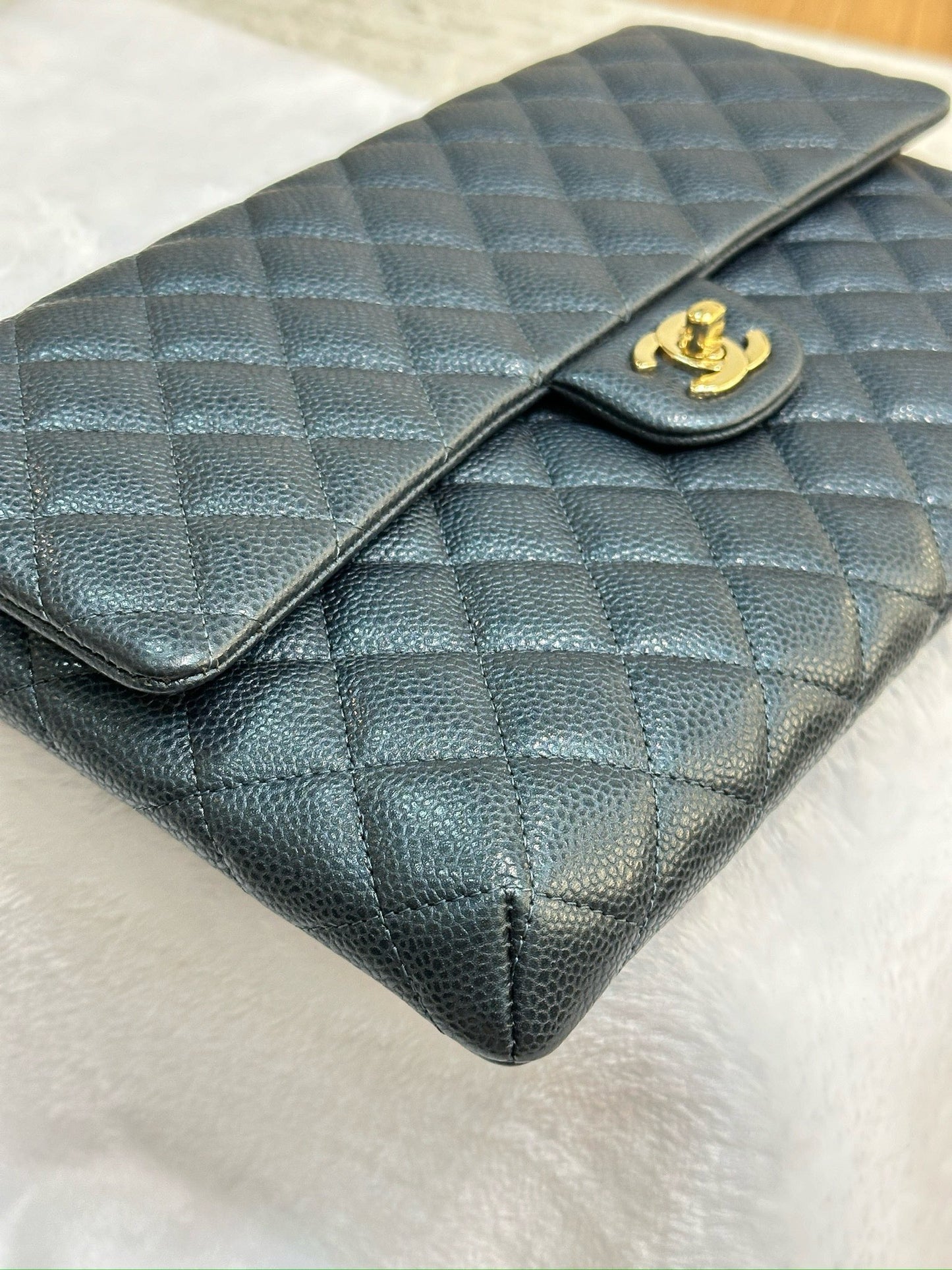 CHANEL Classic Large Clutch Blue Grained Calfskin GHW