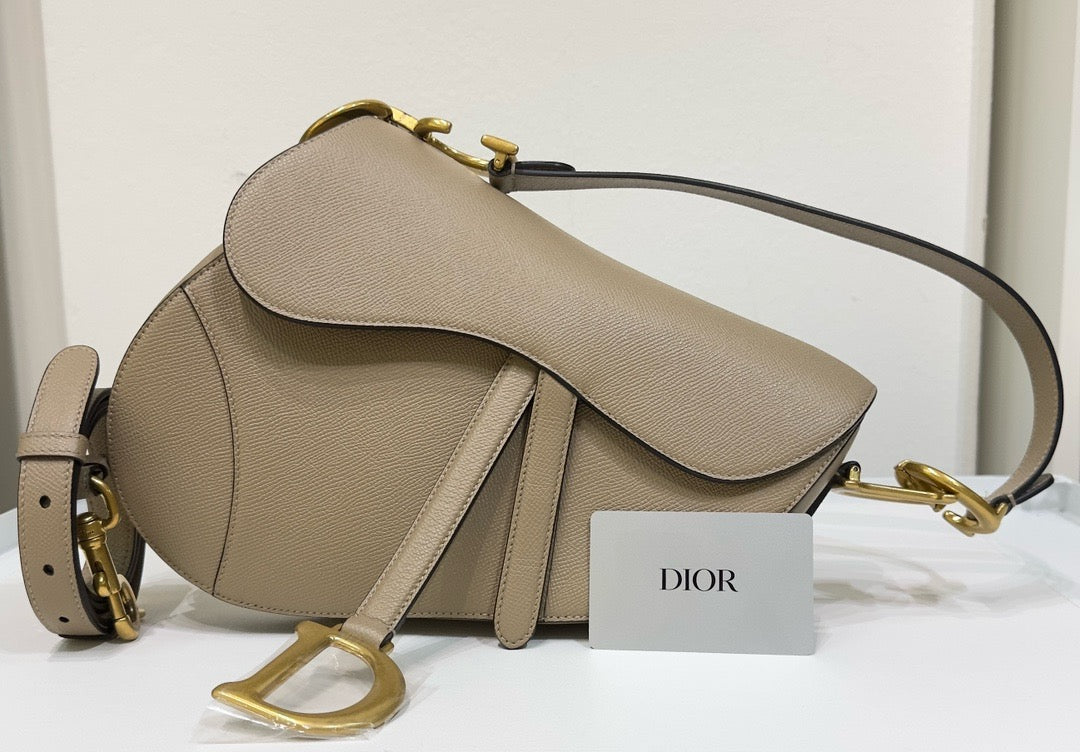 Christian Dior Small Calfskin Saddle Bag Taupe GHW