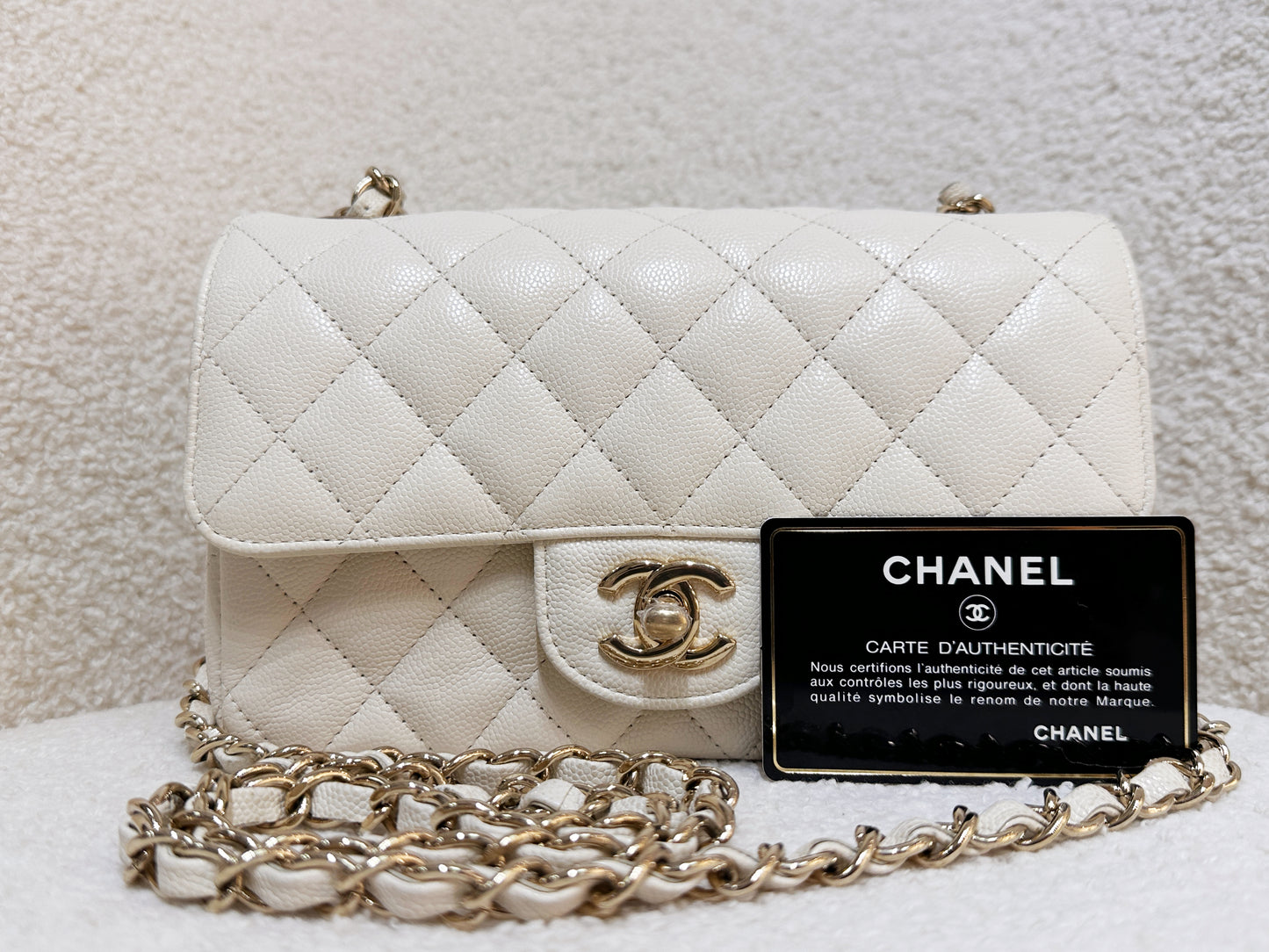 Chanel Mini Rectangular Classic Quilted Caviar Ivory 17C GHW 2383 holo card