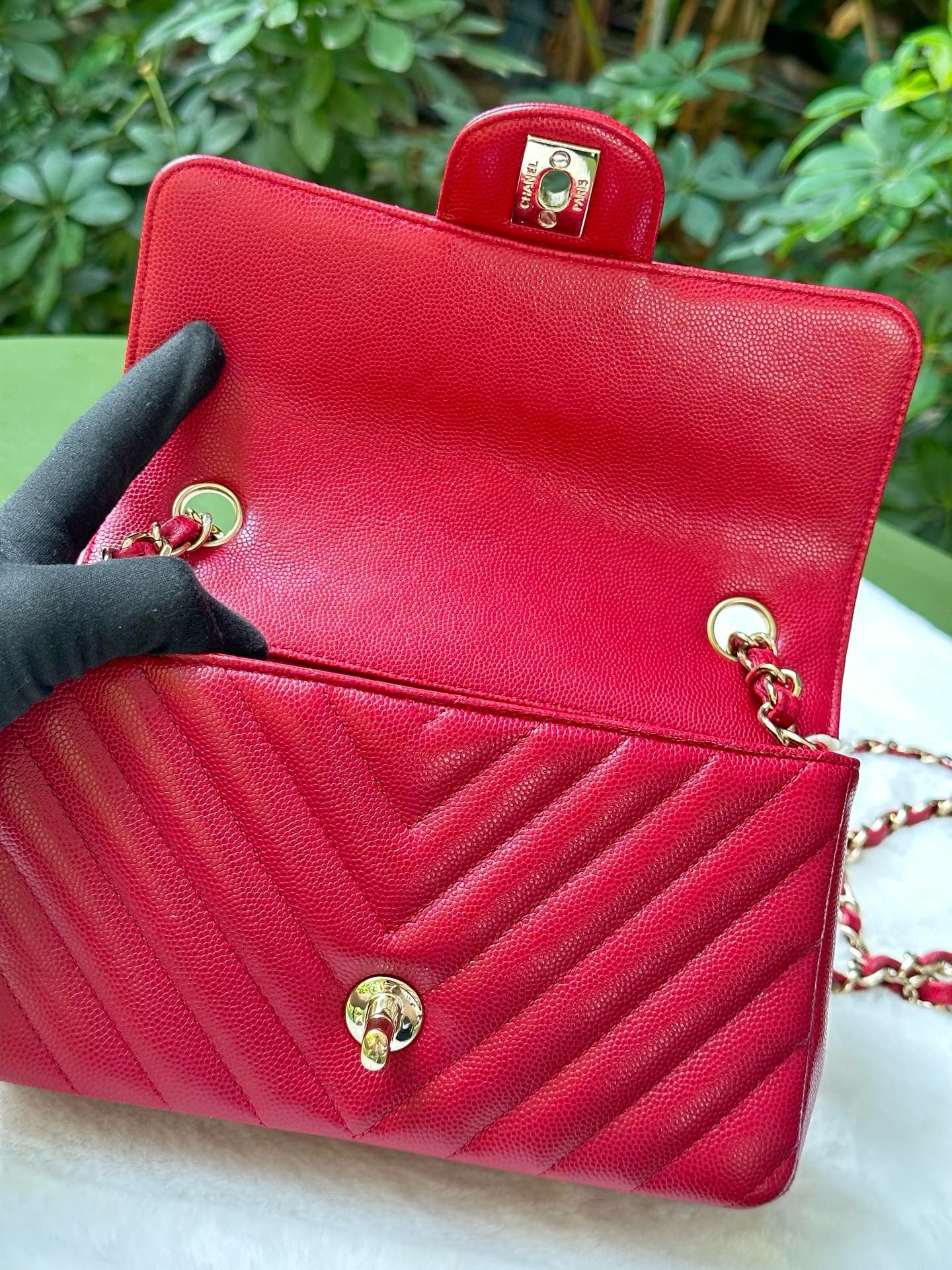 Chanel Mini Rectangle Chevron Red Caviar with GHW