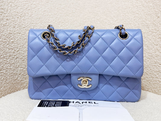 Chanel 21c Small Lambskin Classic Quilted Double Flap Bag Sky Blue GHW 3072 holo card