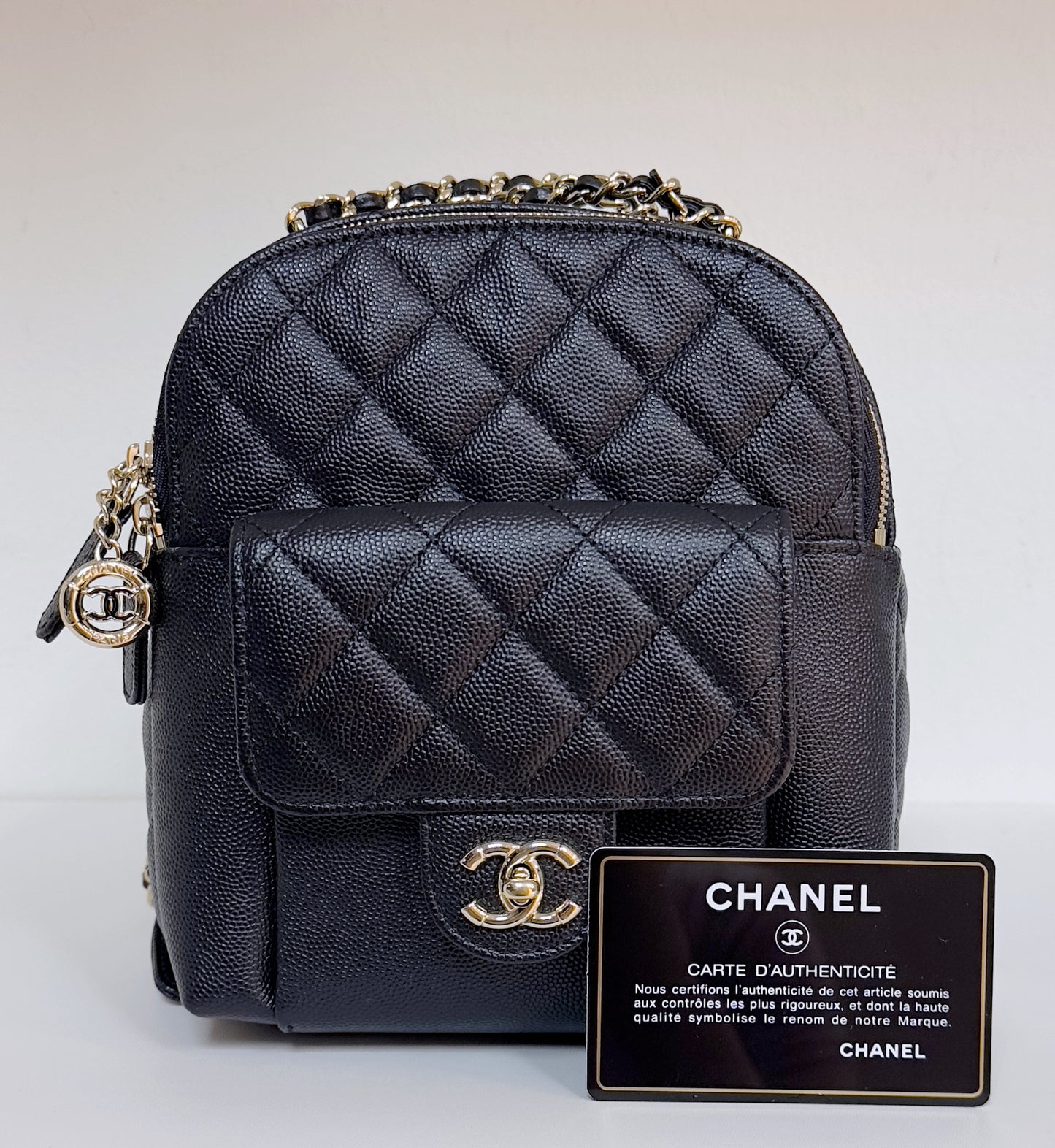 Chanel CC Day Backpack Quilted Caviar Mini Black 2687 holo card