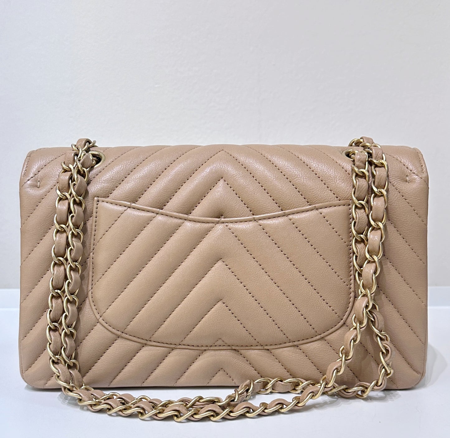 Chanel Classic Medium Beige Chevron Calfskin with Gold Hardware