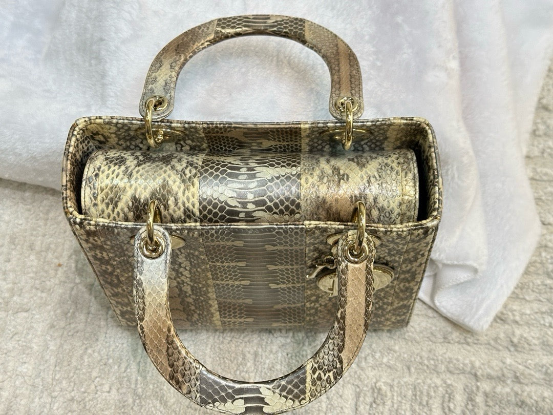 Christian Dior Medium Bicolor Python Leather Lady Dior Flap Closure Bag