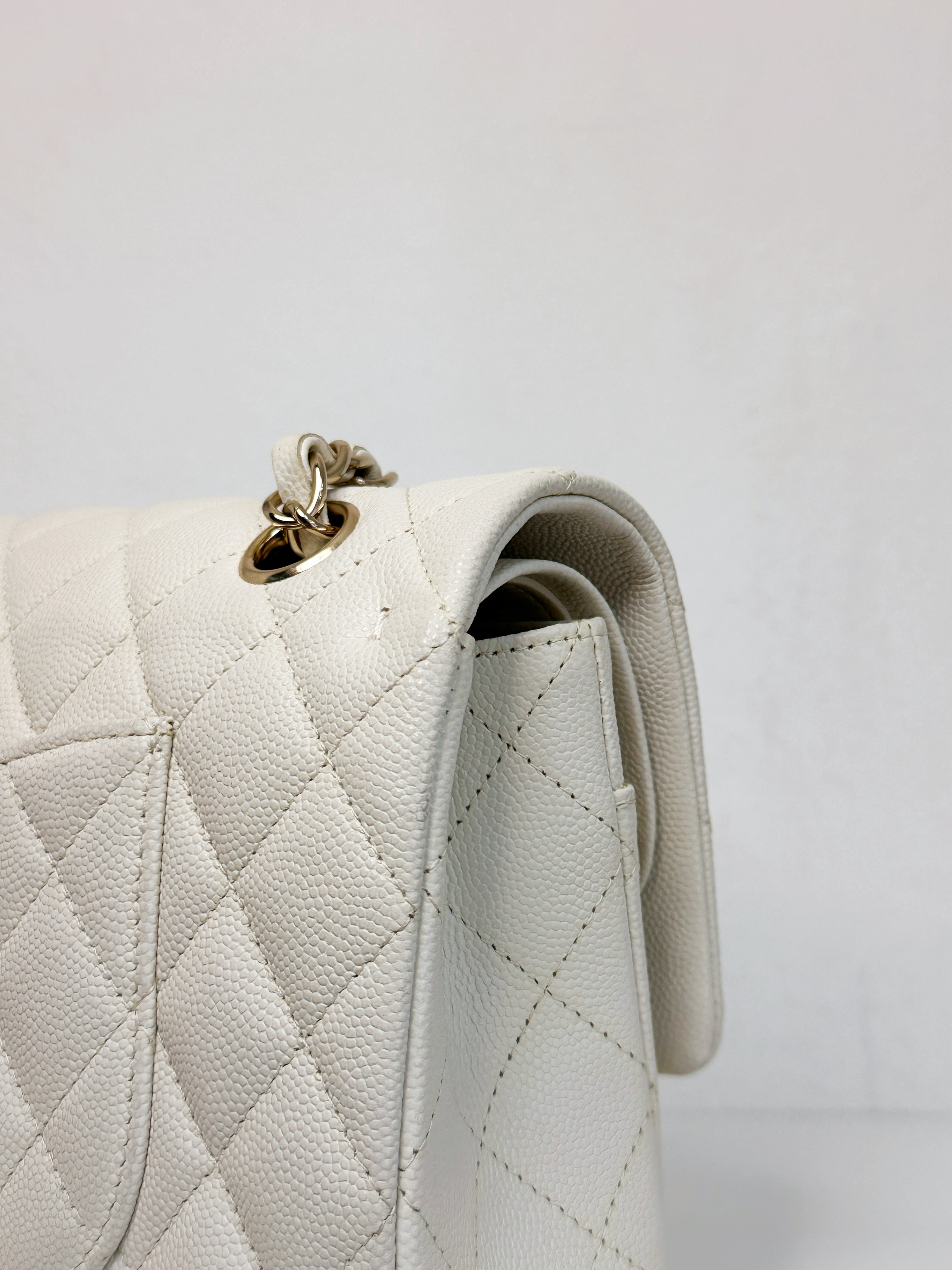Chanel Medium Caviar Classic Quilted Double Flap White Light Beige Bag LGHW L45J microchip