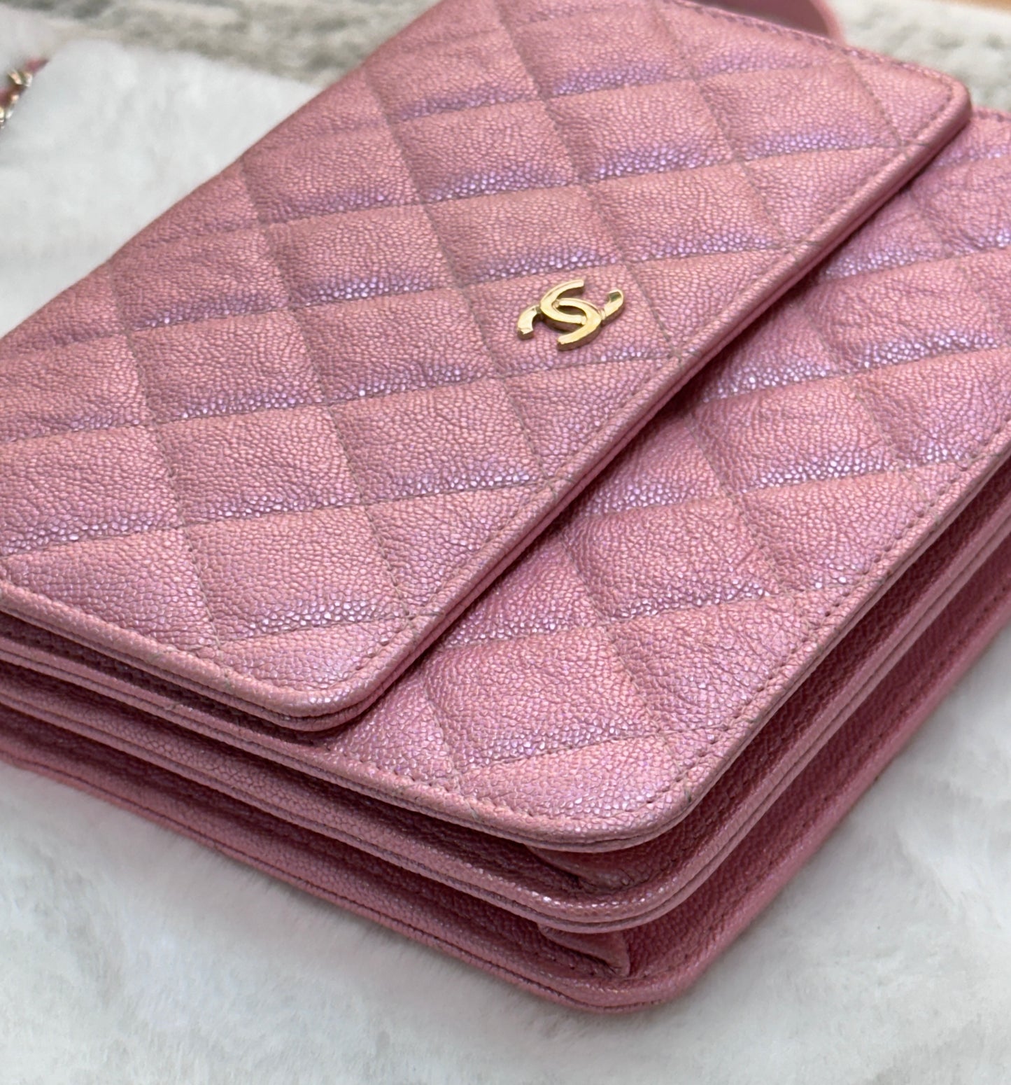 Chanel Square Wallet on Chain WOC Iridescent Pink Caviar Light Gold Hardware