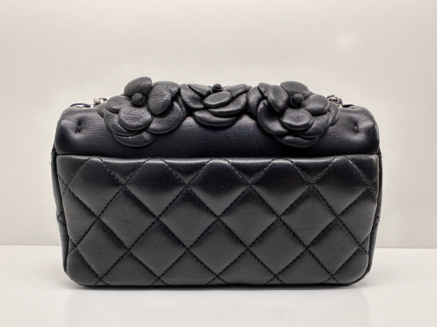 CHANEL Lambskin Patent Mini Camellia Flap Black