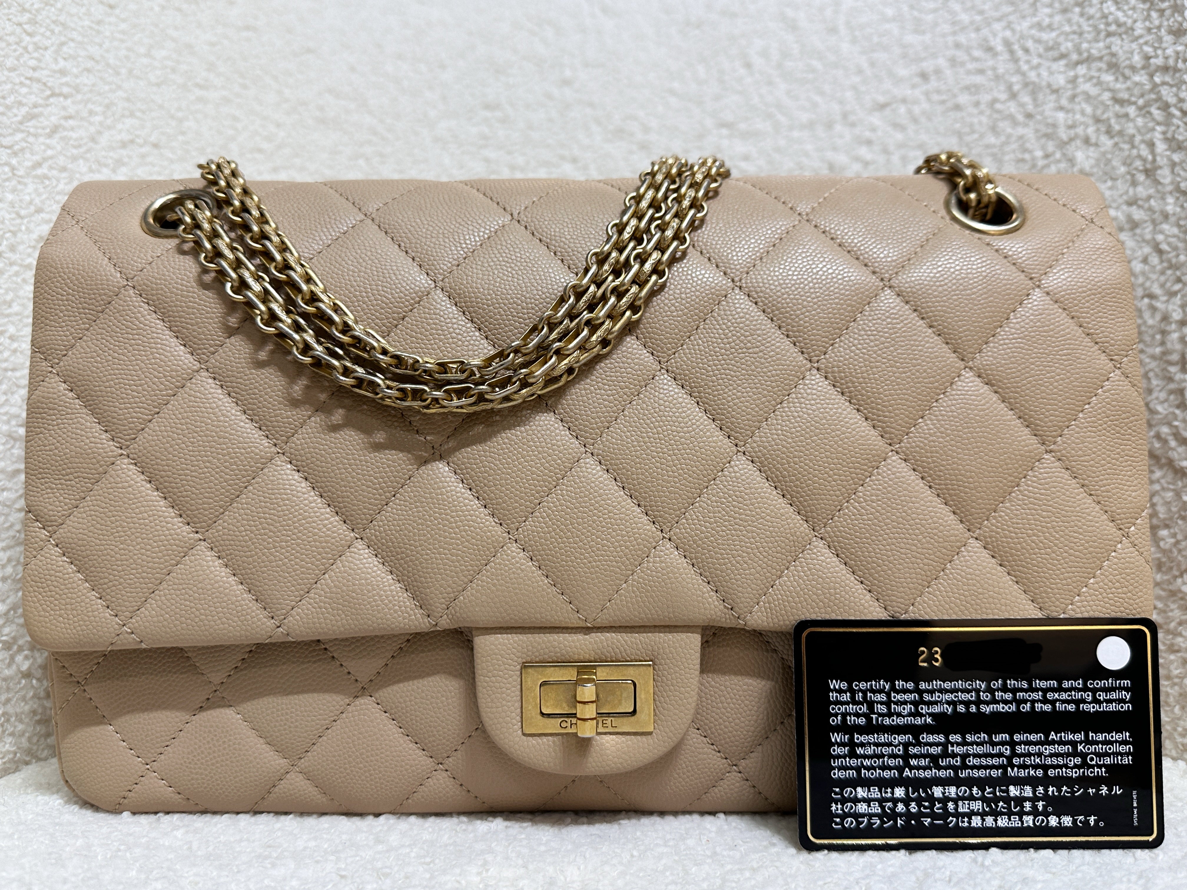 Chanel Classic Quilted Caviar 2.55 Reissue Flap Bag Beige 226 2353 holo card