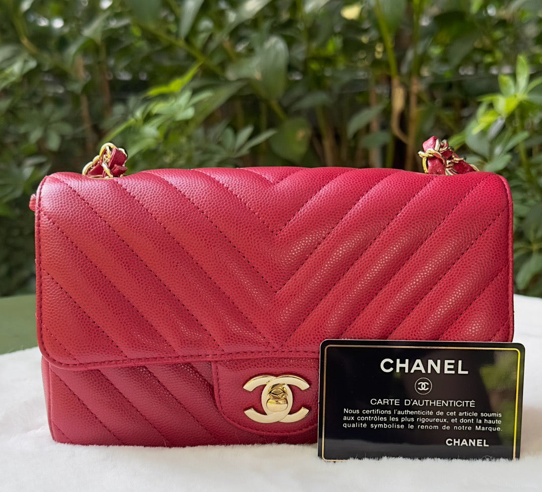 Chanel Mini Rectangle Chevron Red Caviar with GHW